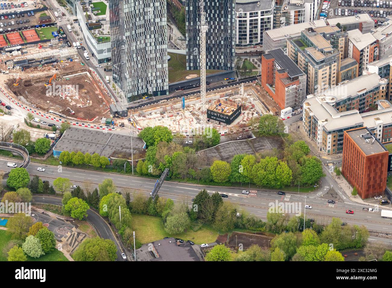 Luftbild des Stadtzentrums von Manchester aus 2000 Metern Stockfoto