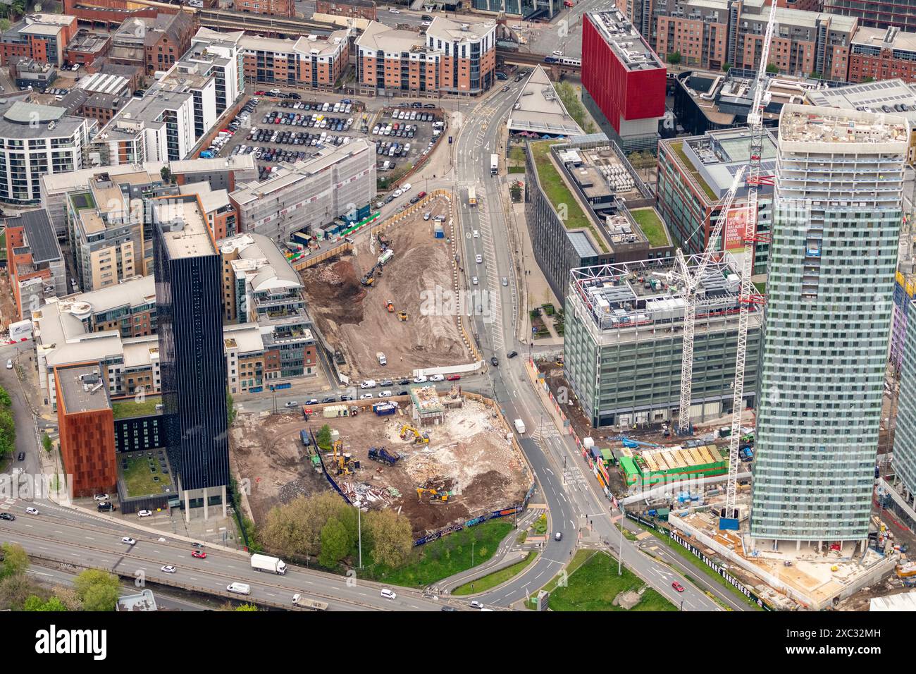 Luftbild des Stadtzentrums von Manchester aus 2000 Metern Stockfoto