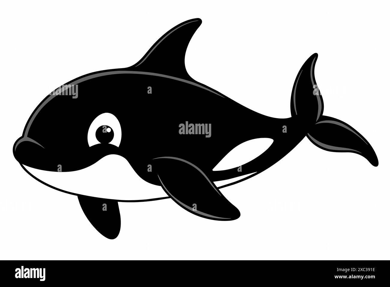 Schwarze Silhouette eines Killerwals isoliert auf weißem Hintergrund. Konzept der Illustration wilder Meerestiere, schwarz-weiß-Design. Drucken, Symbol, Mini Stock Vektor