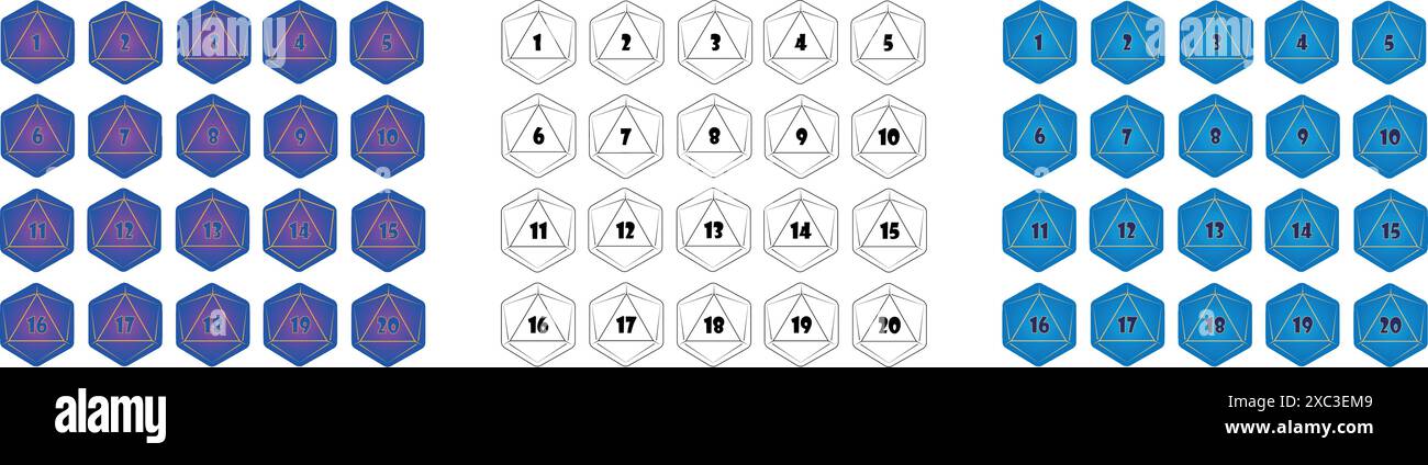 D20 Würfelsymbol für das Brettspiel. Linien- und Verlaufsstil. Stock Vektor