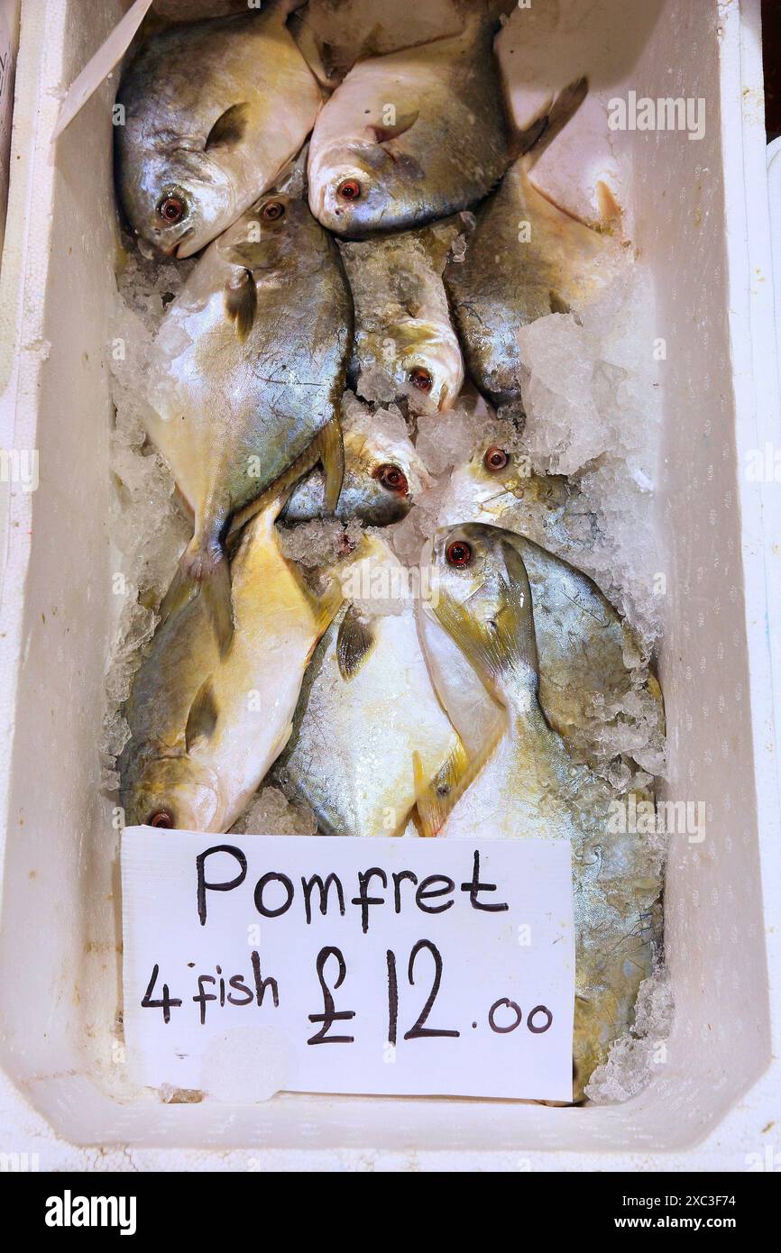 Pomfret Preisschild auf dem Billingsgate Fish Market in Poplar, London, Großbritannien. Stockfoto