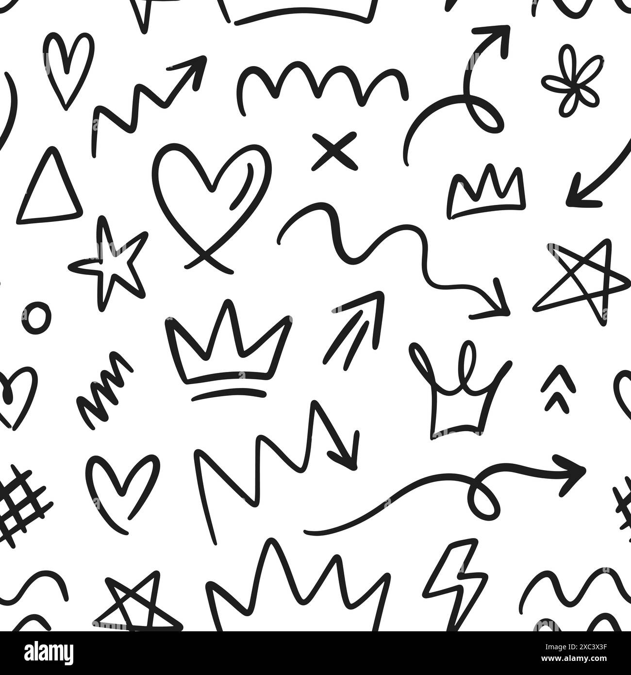 Doodle Tusche Pfeile Herzformen nahtloses Muster Stock Vektor