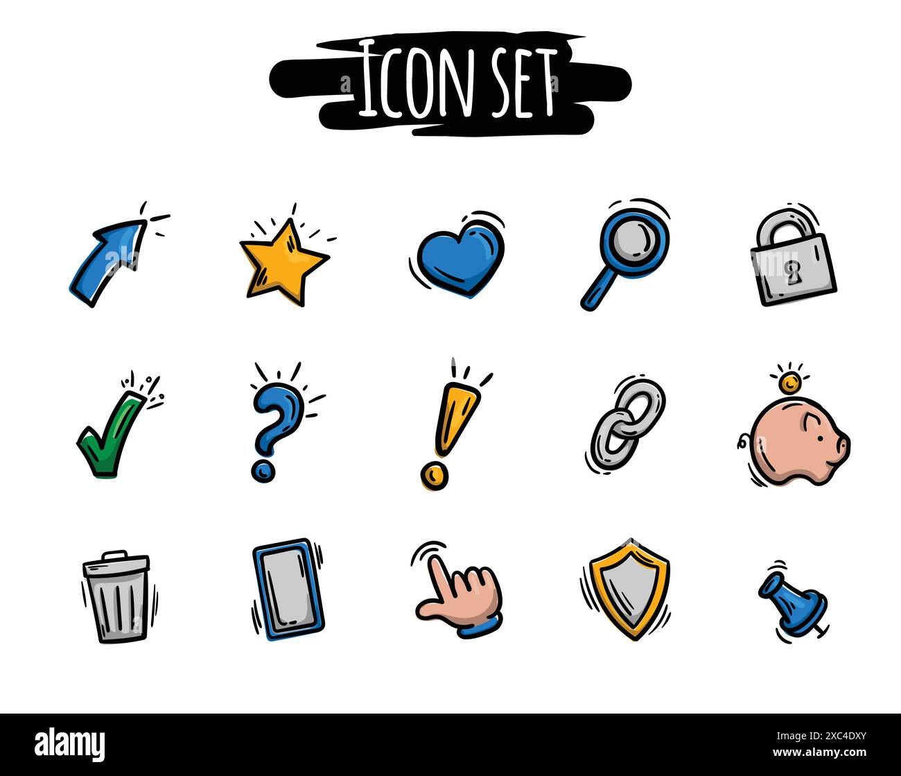 Eine Reihe von farbigen, handgezeichneten Symbolen für Kommunikation und soziale Medien. Vektorelemente für Website, Design Stock Vektor