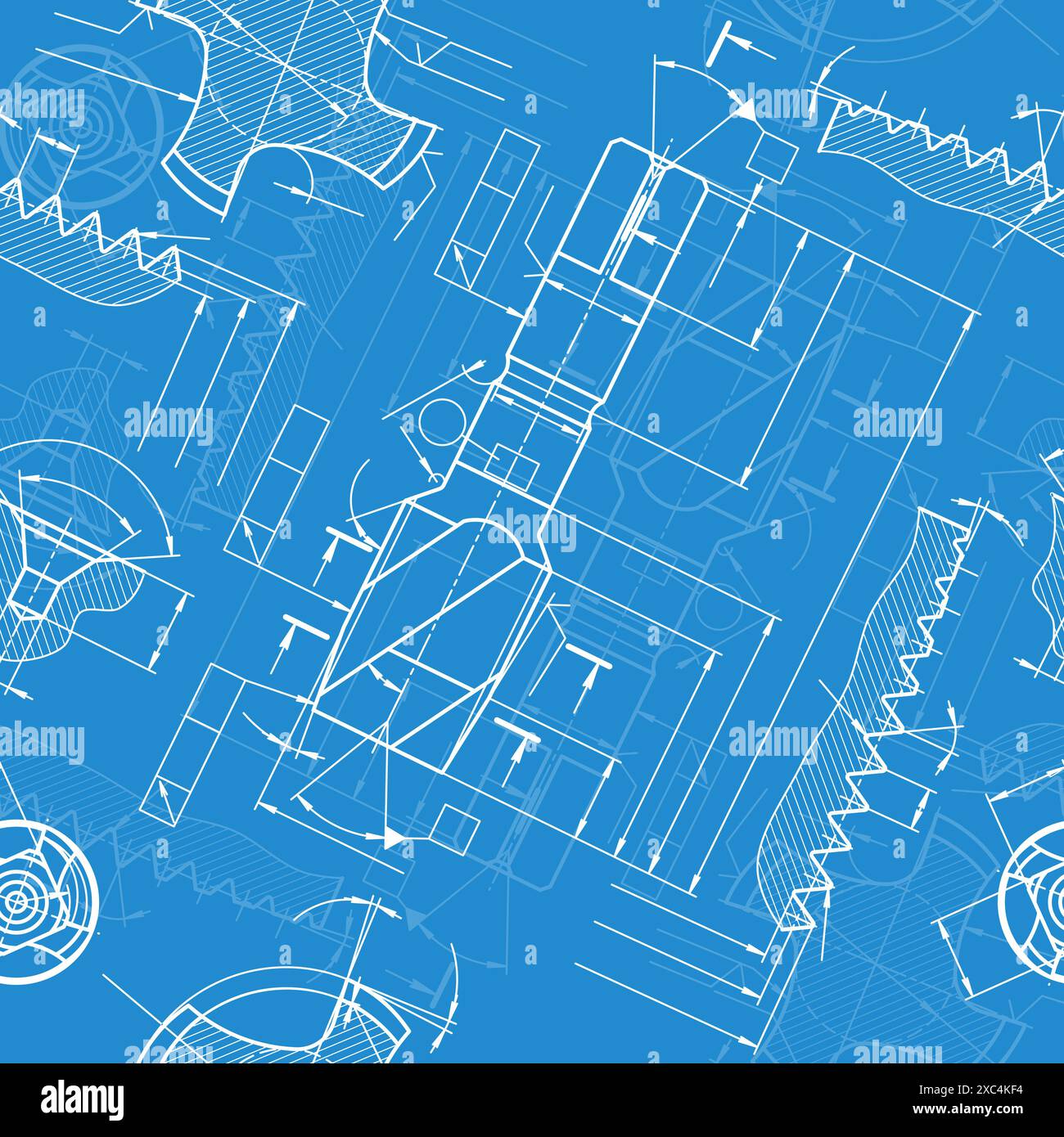 Maschinenbauzeichnungen auf blauem Hintergrund. Gewindebohrer. Technisches Design. Abdeckung. Blueprint. Nahtloses Muster. Vektorabbildung. Stock Vektor