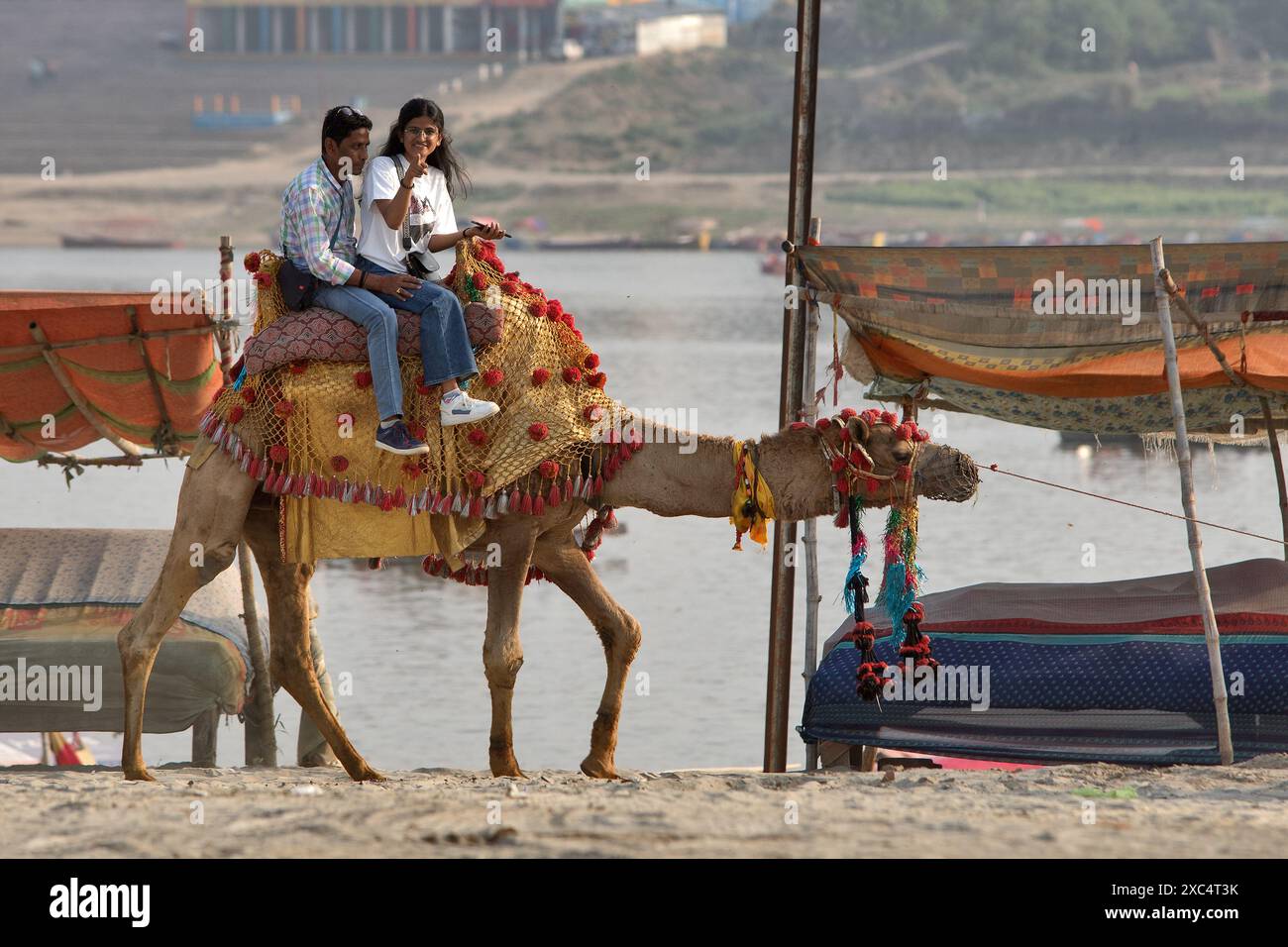 Allahabad (Prayagraj), Indien: Ein Paar auf dem Kamel. Am Ufer des heiligen Flusses Yamuna Stockfoto