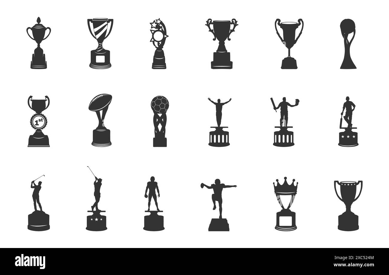 Trophäen-Silhouetten, Trophäen-Vektor-Set, Trophäen-Symbol, Pokal-Trophäen-Silhouette, Spieler-Trophäen-Silhouette, Sieger-Trophäenbecher. Stock Vektor