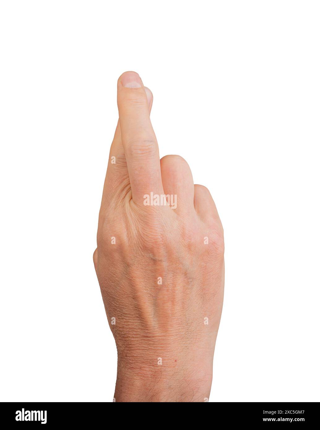 Finger gekreuzt, um Glück zu haben, liege isolierte Hand liegend. Aberglauben, Menschen zeigen Selbstvertrauen, Glücksgeste im Hintergrund der Hoffnung. Konzeptschild Lügner, weiß Stockfoto