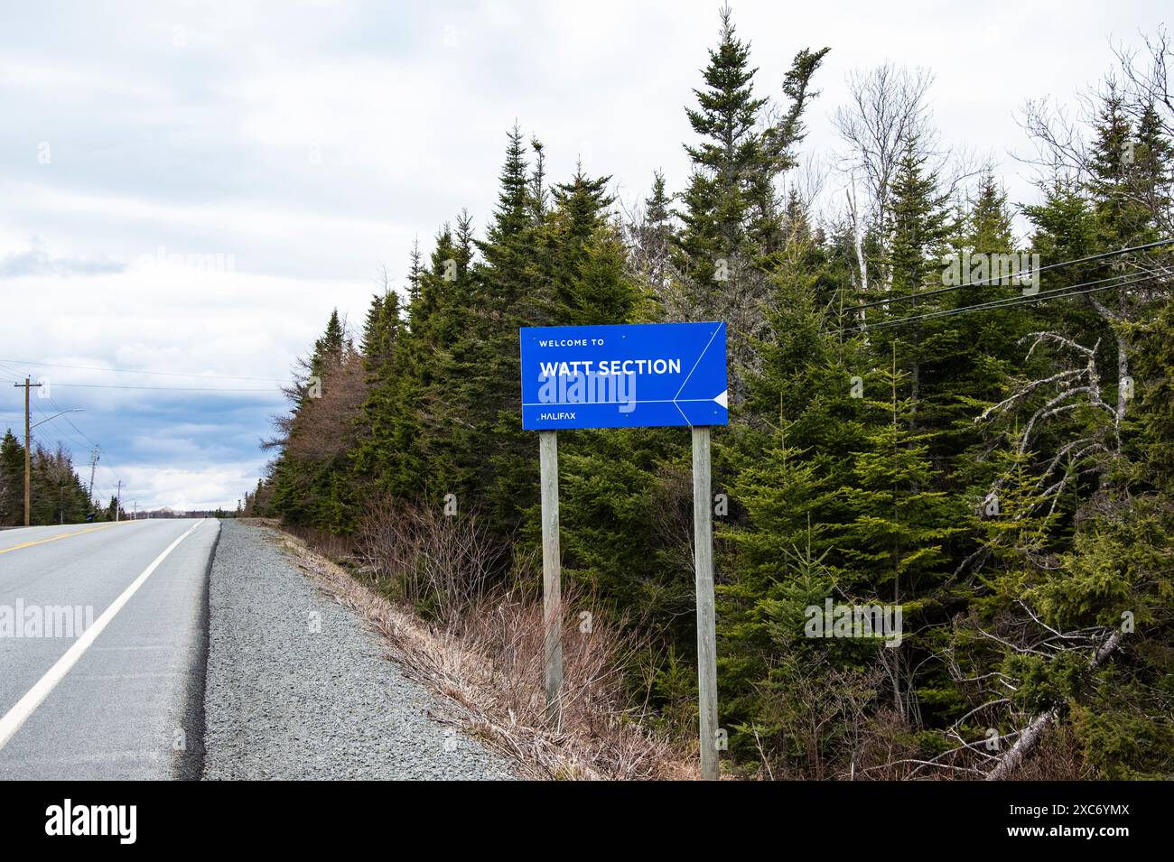 Willkommen zum Schild der Watt-Sektion auf dem Highway 7 in Nova Scotia, Kanada Stockfoto