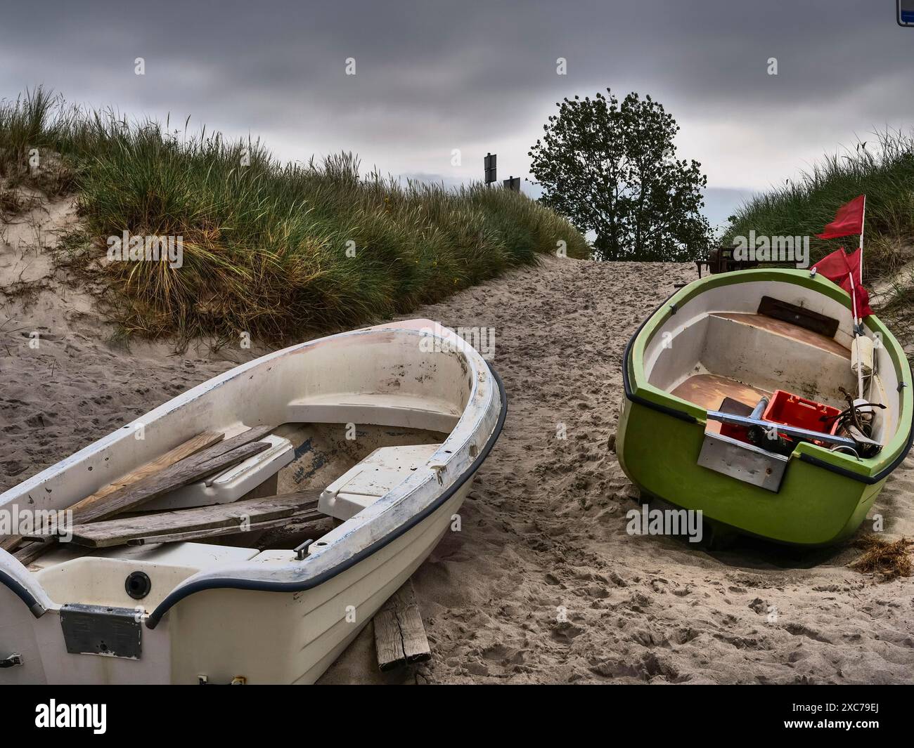 Zwei Boote, eines grün und eines weiß, auf einer Sanddüne, mit einem Baum im Hintergrund und einem bewölkten Himmel, ahrenshoop, zingst, deutschland Stockfoto