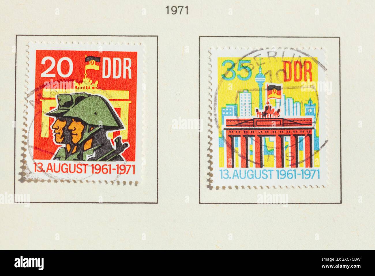 Briefmarken zum Bau der Berliner Mauer, DDR, Deutschland Stockfoto