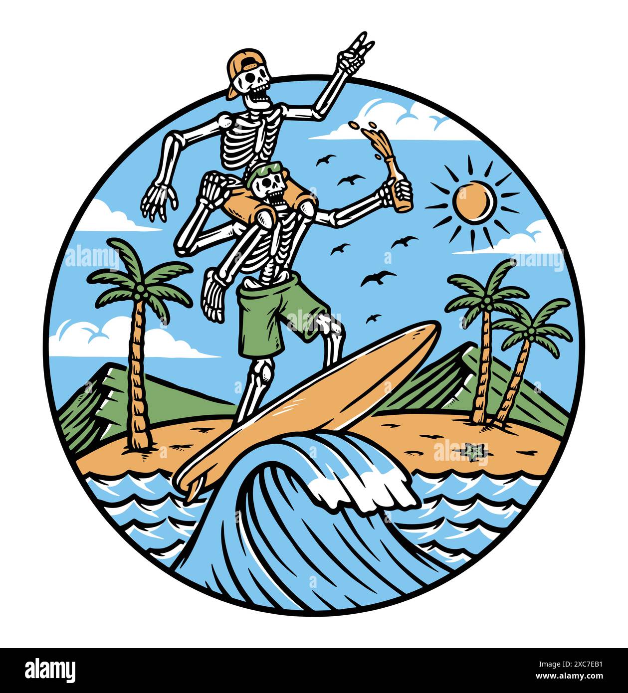 Zwei Skull Surfer am Strand Stock Vektor