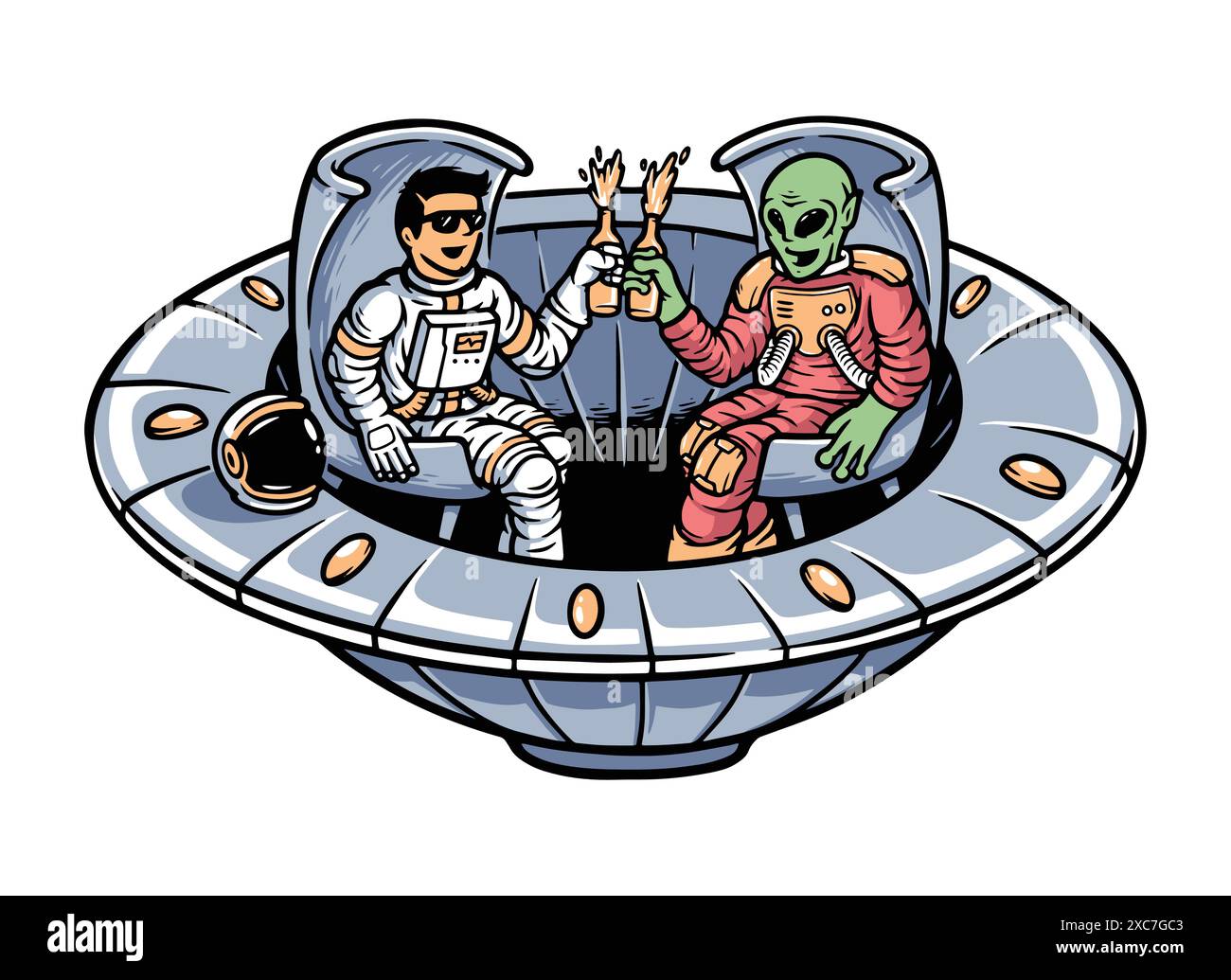 Alien und Astronaut entspannen zusammen in UFO-Illustration Stock Vektor