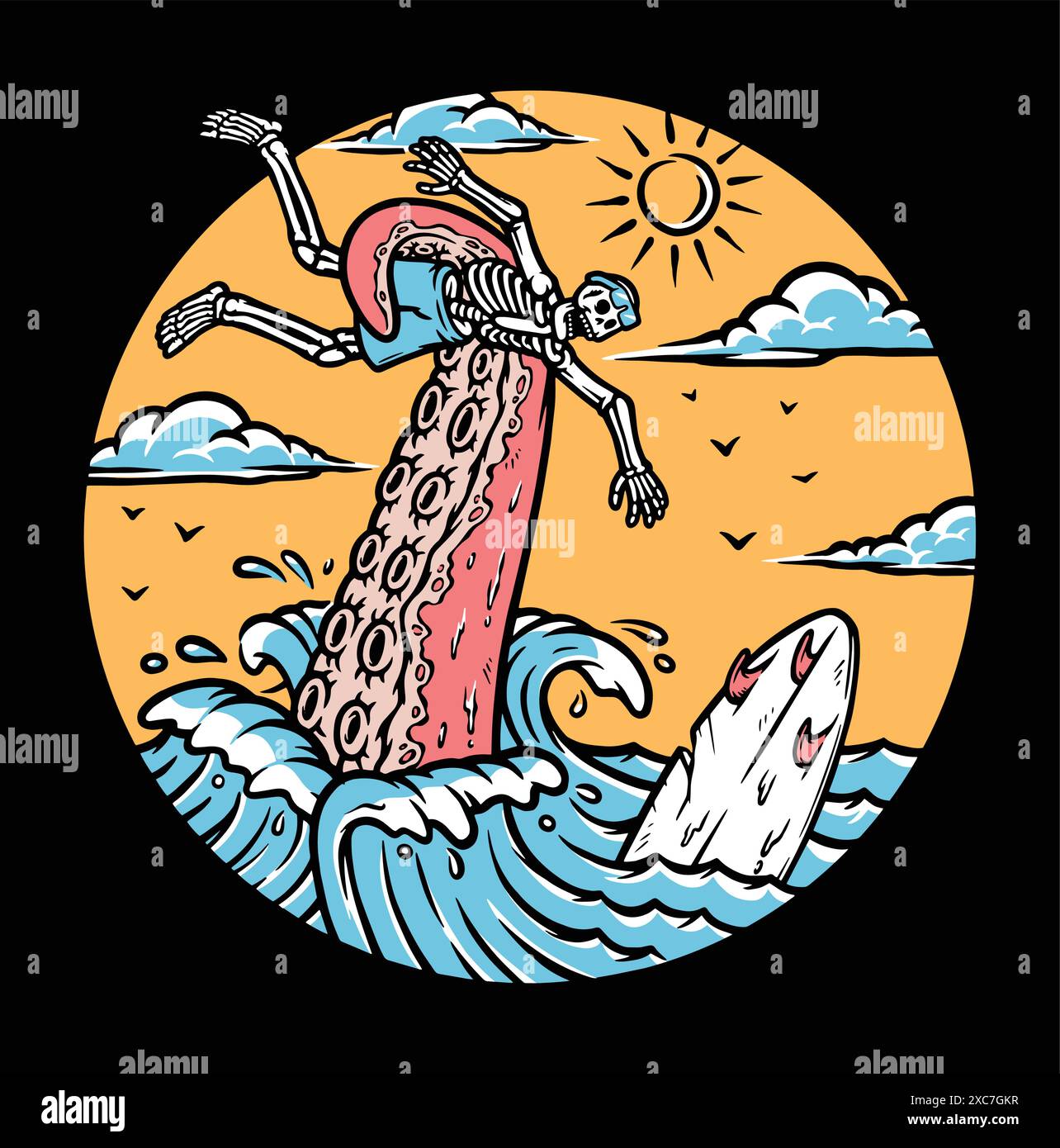 Oktopus greift Surfer in der Meeresillustration an Stock Vektor