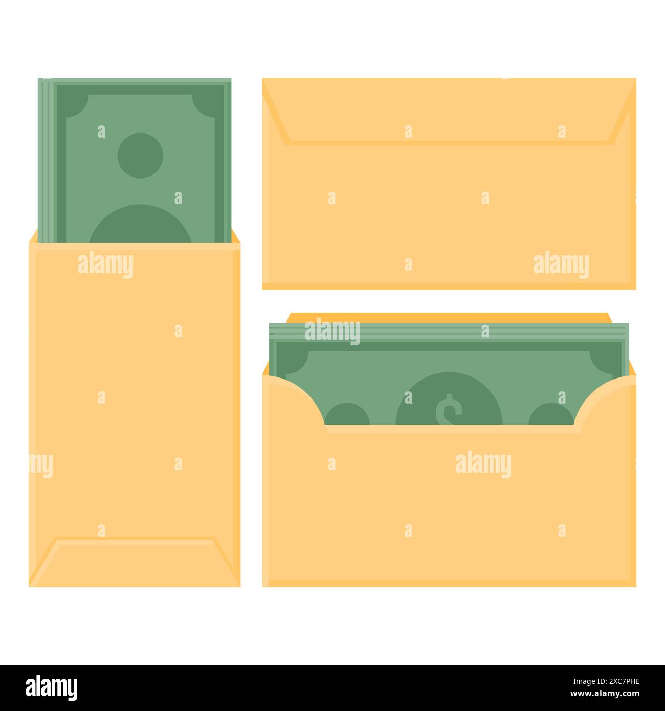Offener Vektor-Umschlag mit grünen Banknoten. Abbildung: Vorder- und Rückseite des Kuverts. Geldstapel. Stock Vektor