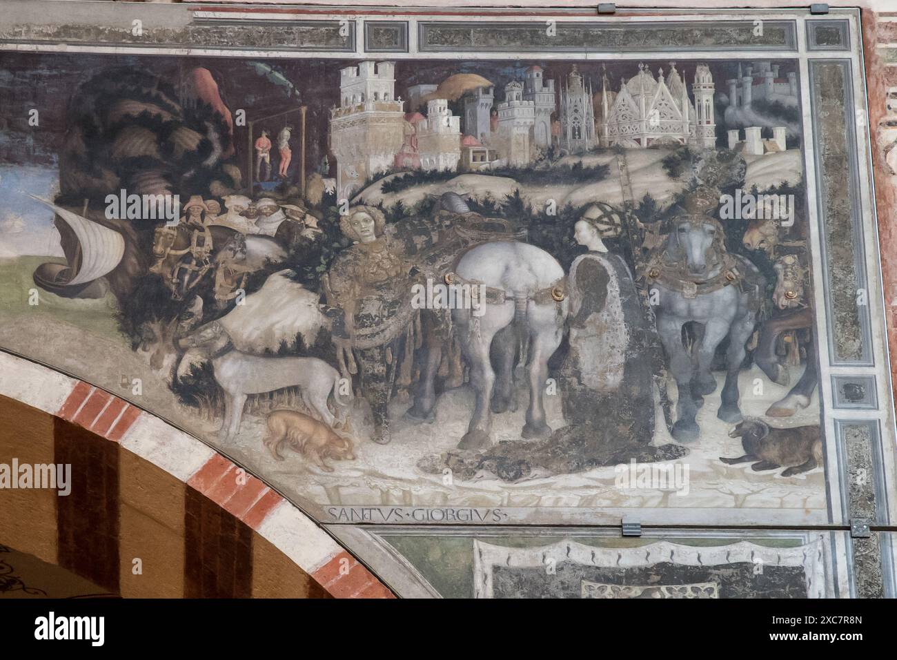 Spätgotische Fresko St. George und Prinzessin von Pisanello aus dem 15. Jahrhundert in Cappella Pellegrini (Pellegrini-Kapelle) im Querschiff der gotischen Basilika Stockfoto