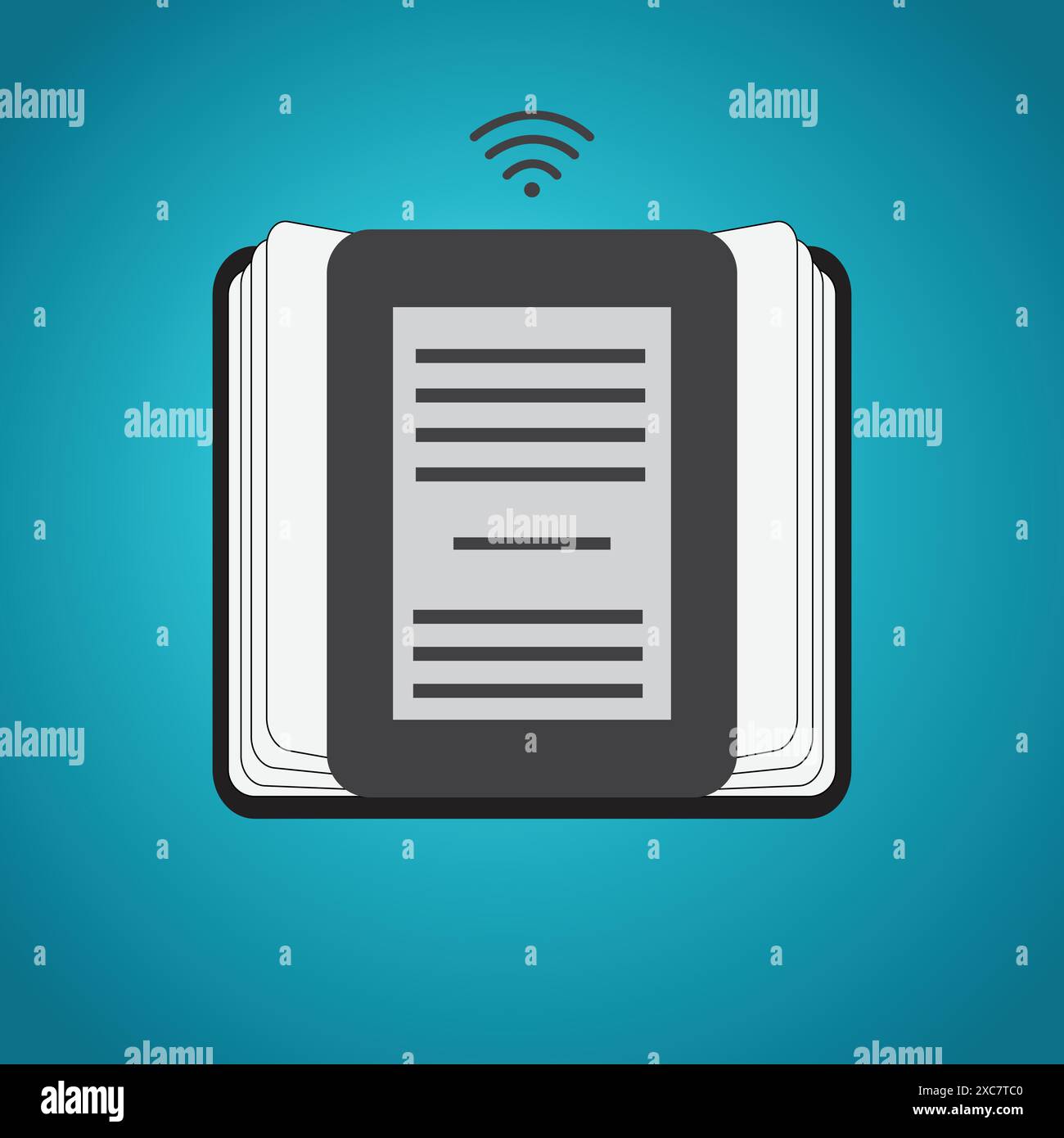 E-Book-Symbol auf einem offenen Buch mit wi-fi Stock Vektor