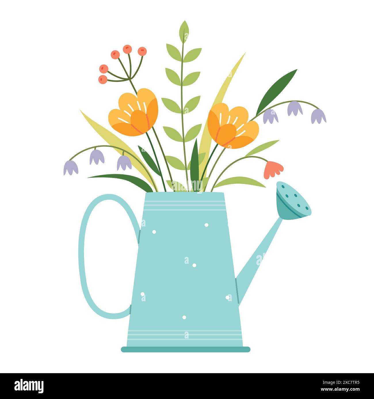 Vintage-Vektor-Karte mit einem Blumenstrauß und einer kupfernen Gießkanne in Pastellfarben. Stock Vektor