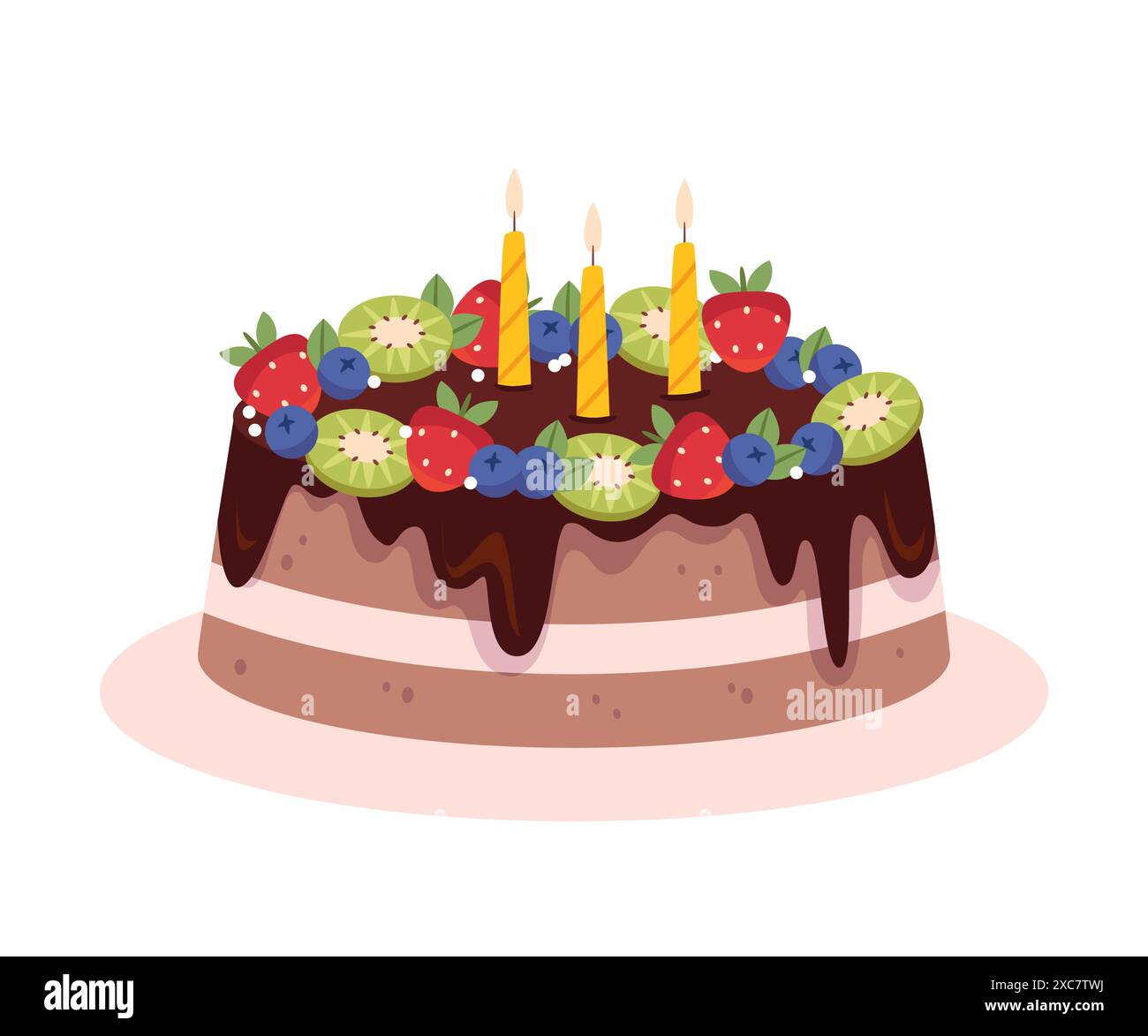 Geburtstagskuchen mit Sommerbeeren. Erdbeeren, Heidelbeeren, Kiwi Stock Vektor