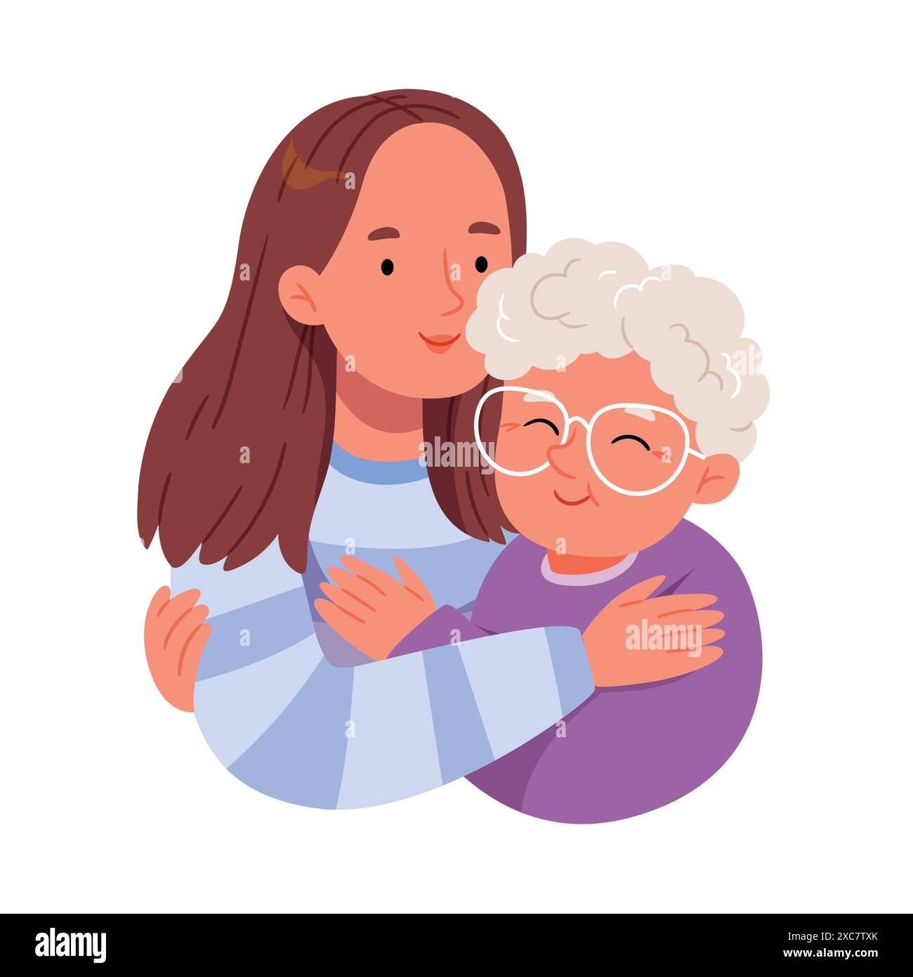 Glückliche Enkelin umarmt ihre Großmutter. Grußkarte für den Tag der Großeltern. Alles Gute zum Muttertag. Stock Vektor