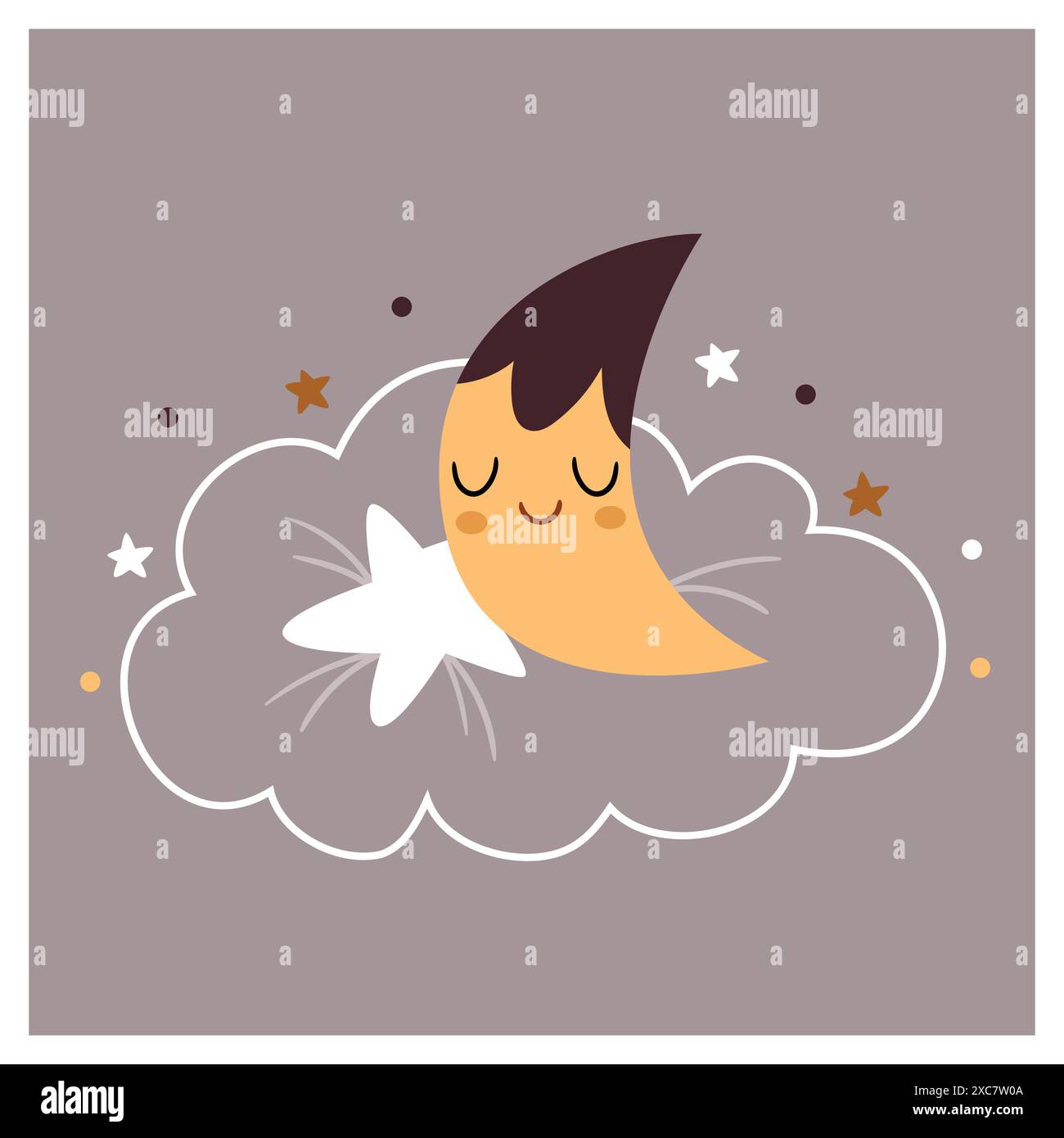Der Mond und der Stern schlafen auf einer Wolke. Eine süße Kinderillustration über Schlaf und Nacht. Stock Vektor