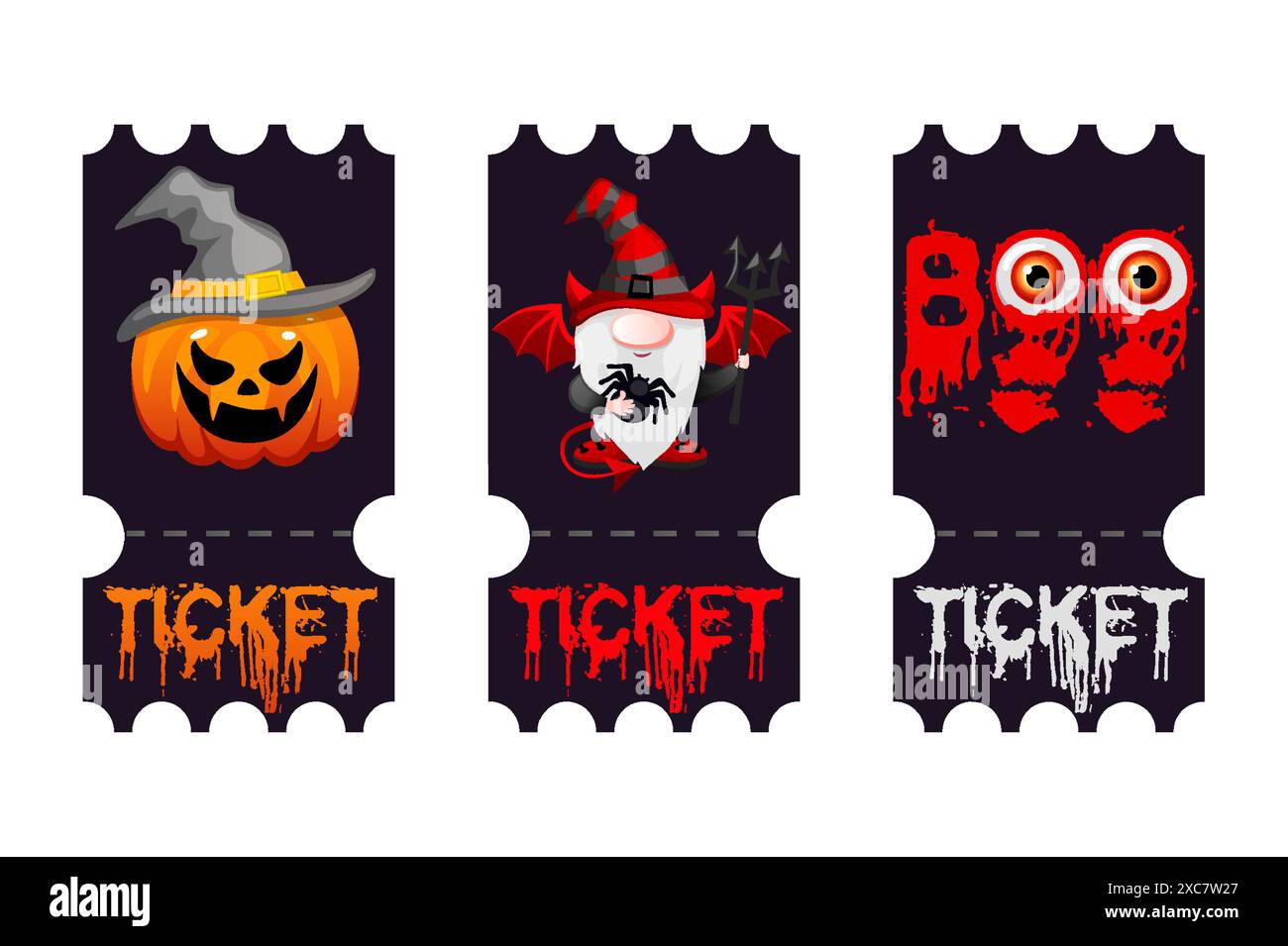 Halloween-Karten. Vektorvorlagen für Halloween Party. Papierkarten und Eintrittskarten mit Teufeln, Buh, Kürbis und anderen Haloween-Symbolen Stock Vektor