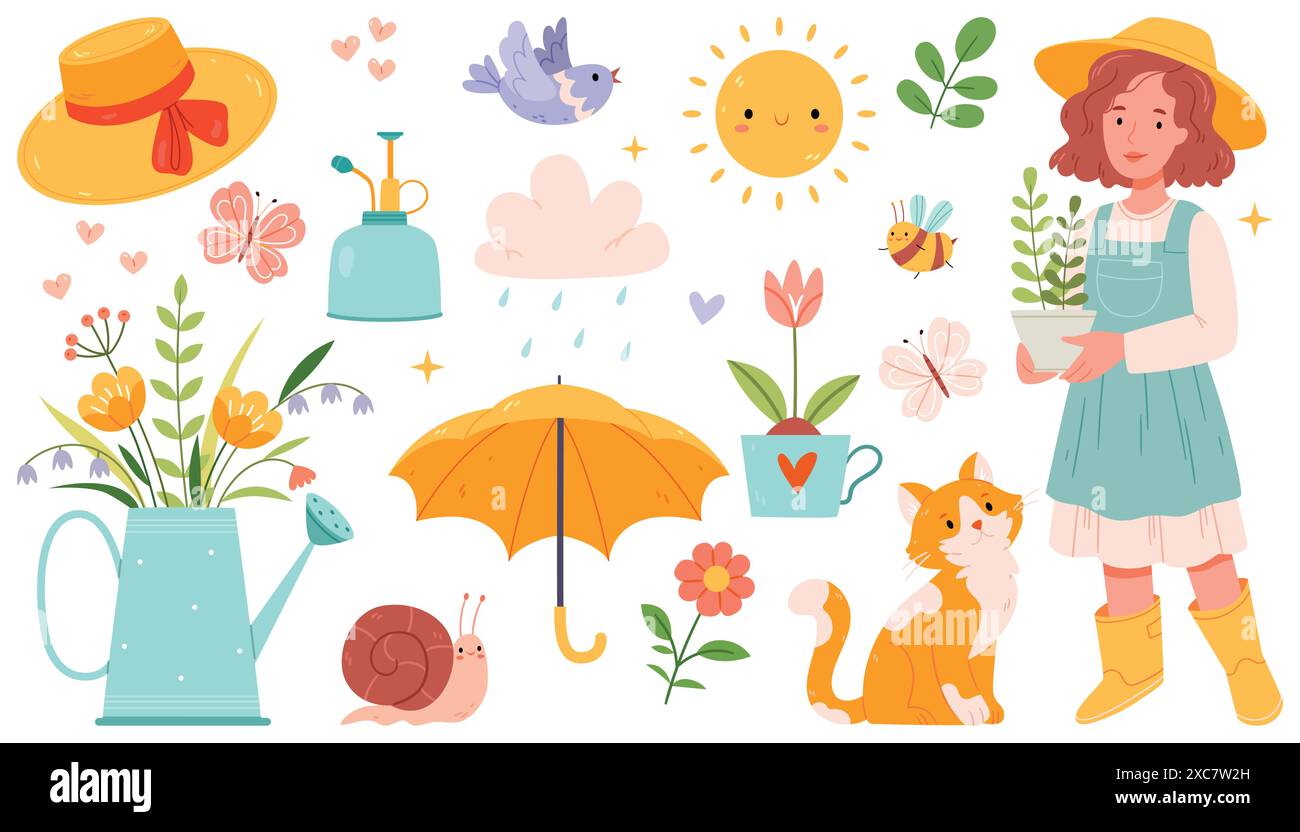 Set mit niedlichen Frühlingsillustrationen. Handzeichnung. Blumen, Regenschirm, Mädchen, Katze, Garten, Sonne. Flaches Design. Stock Vektor