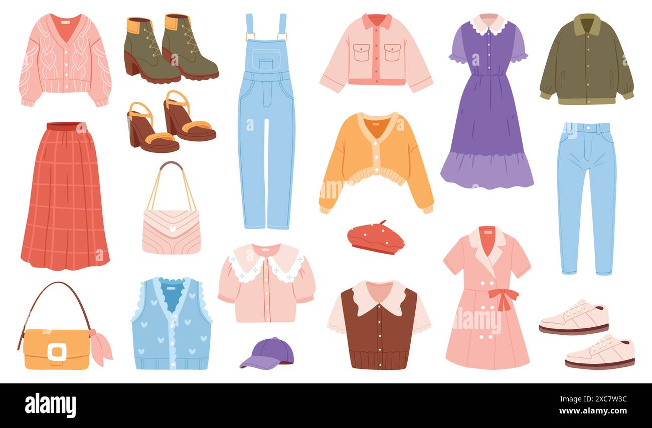 Ein Set Damenkleidung. Verschiedene Bekleidungskollektion. Modernes Freizeitkleid, Hose, Jacke, Schuhe und Taschen. Stock Vektor