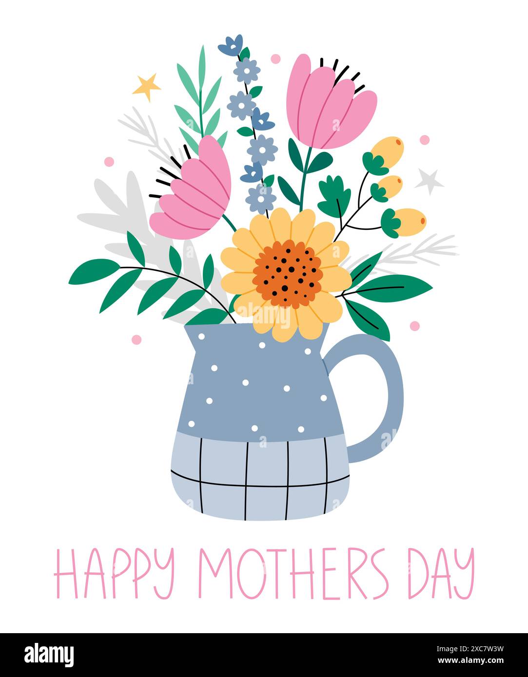 Eine Vase mit Frühlingsstrauß im skandinavischen Stil. Muttertag-Postkarte. Stock Vektor