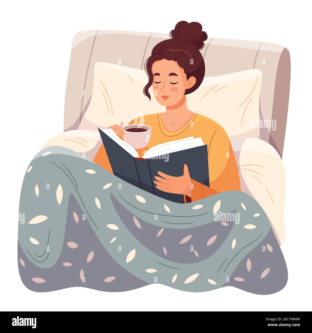 Junge Frau, die sich mit einem Buch und einer Tasse Tee im Bett entspannt. Person, die zu Hause Literatur liest. Romanleser, der am Wochenende unter der Decke ruht. Flacher Vektor i Stock Vektor