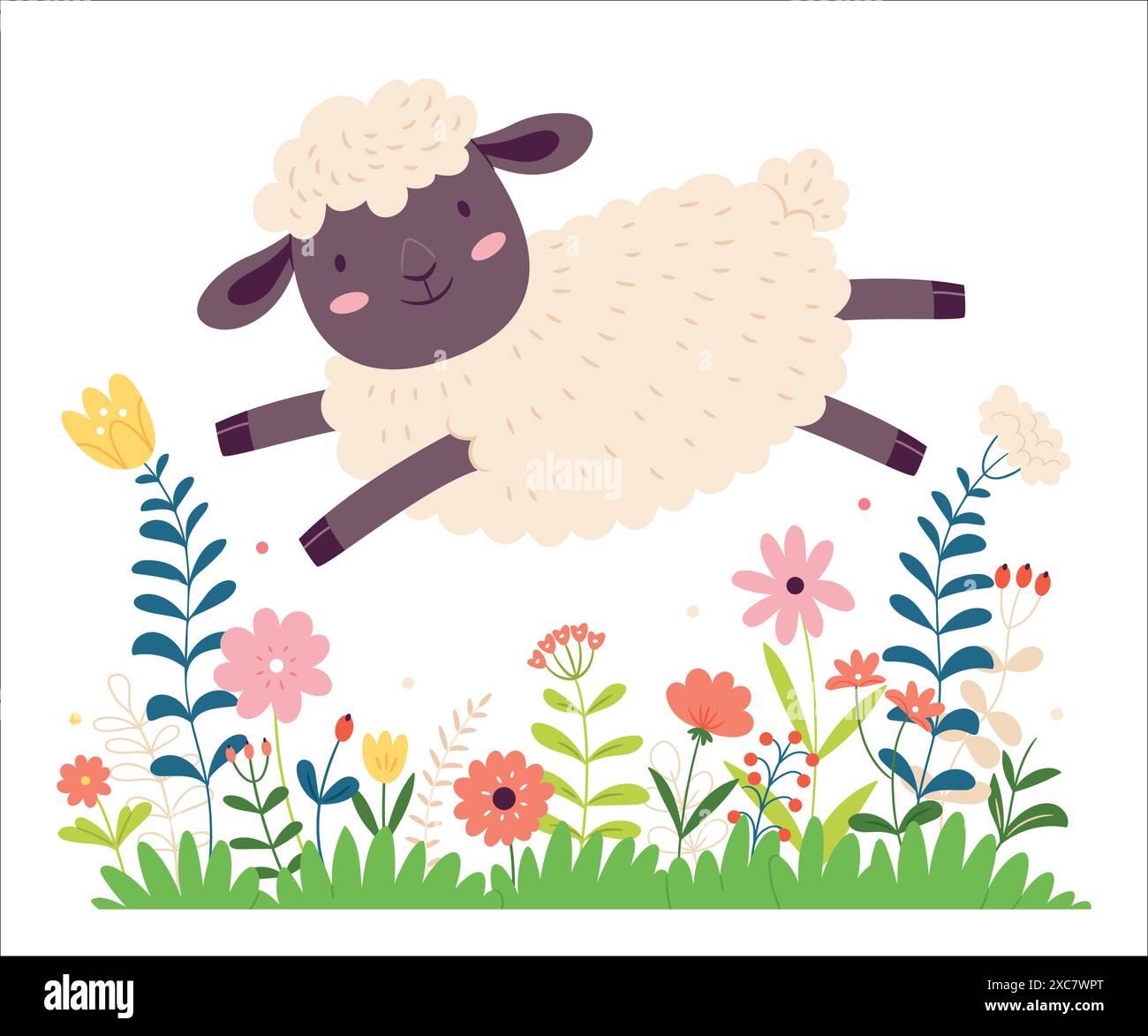 Ein Schaf im skandinavischen Stil springt durch ein Blumenfeld. Baby flache Grafik Vektor-Illustration. Stock Vektor