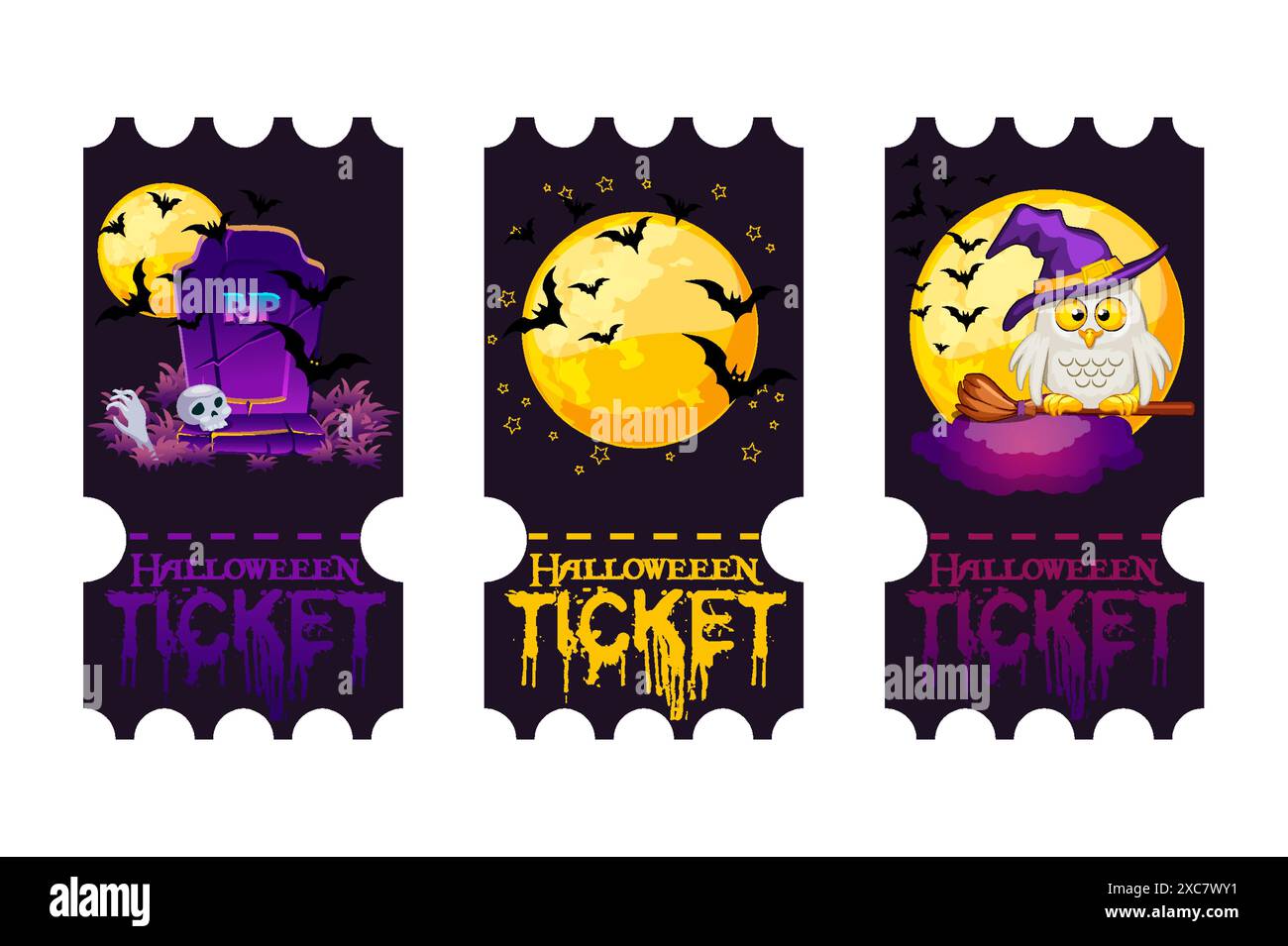 Lustige Halloween-Tickets. Vektor-Vorlagen für Halloween-Party. Gedruckte Eintrittskarten und Eintrittskarten mit Mond-, Grabstein-, Eulen- und Halloween-Symbolen Stock Vektor