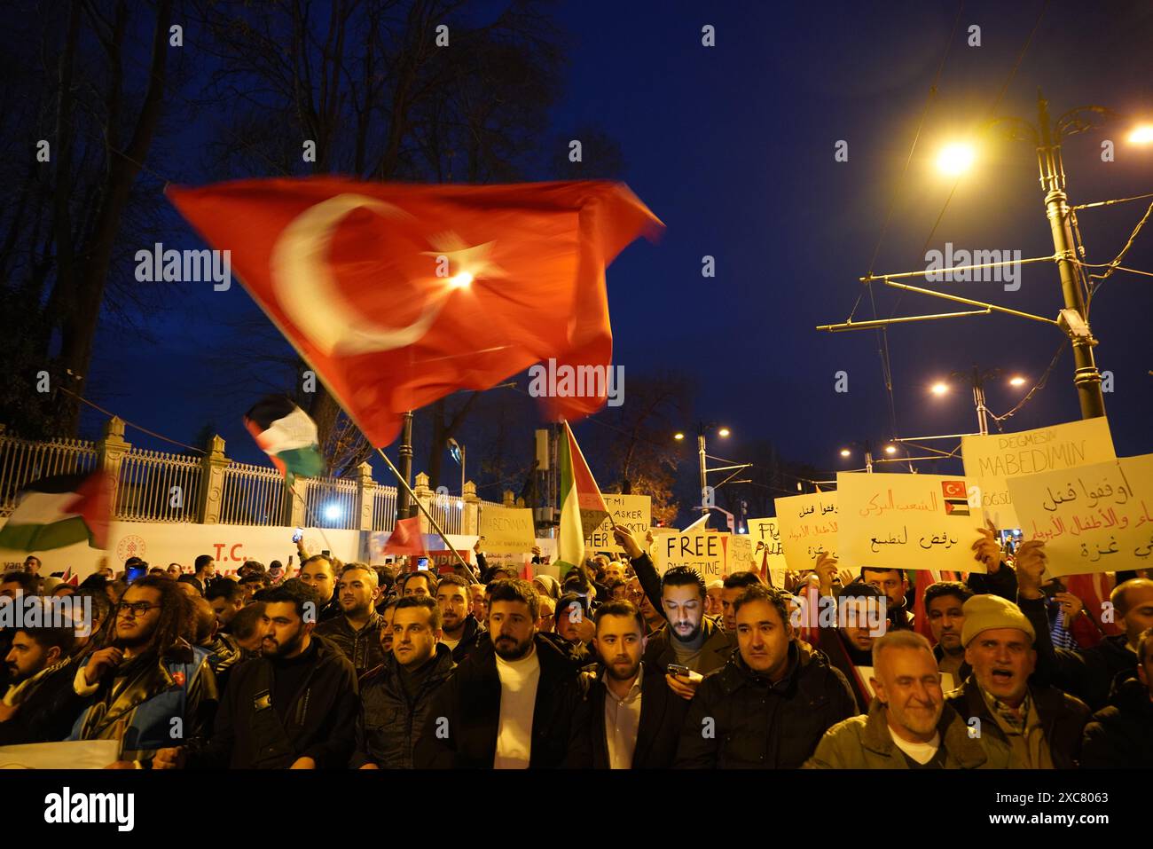 ISTANBUL, TÜRKEI - 01. JANUAR 2024: Menschen versammelten sich auf dem Sultanahmet-Platz und gingen zur Galata-Brücke, um Palästina zu unterstützen Stockfoto