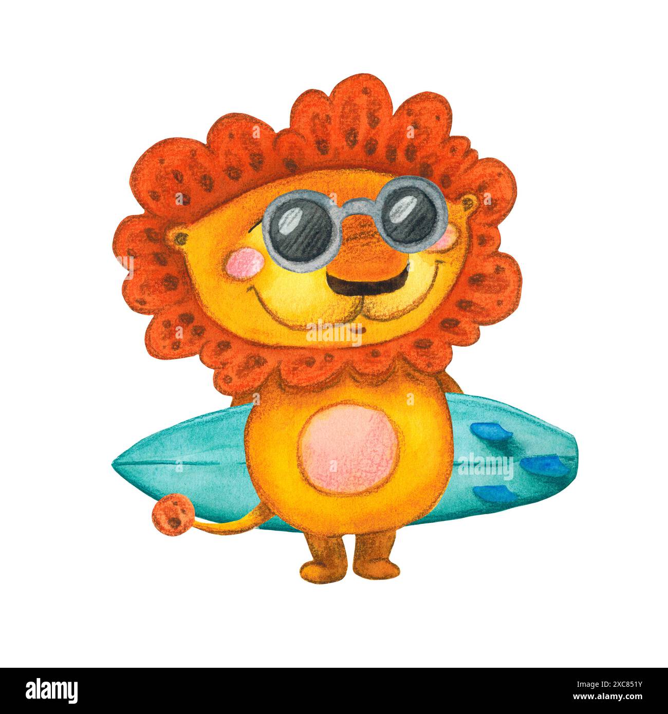 Löwe mit Surfbrett, Sonnenbrille auf weißem Hintergrund. Aquarellillustration handgezeichnet im Cartoon-Stil. Design für Karten, Aufkleber Stockfoto