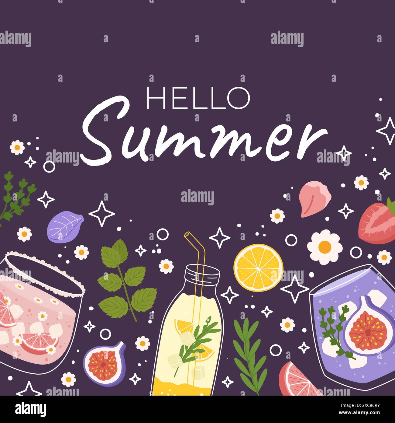 Illustration mit Satz Hallo Sommer auf dunklem Hintergrund. Sommerthemenelemente wie Gläser erfrischender Getränke mit Eiswürfeln, Zitrusscheiben, f Stock Vektor