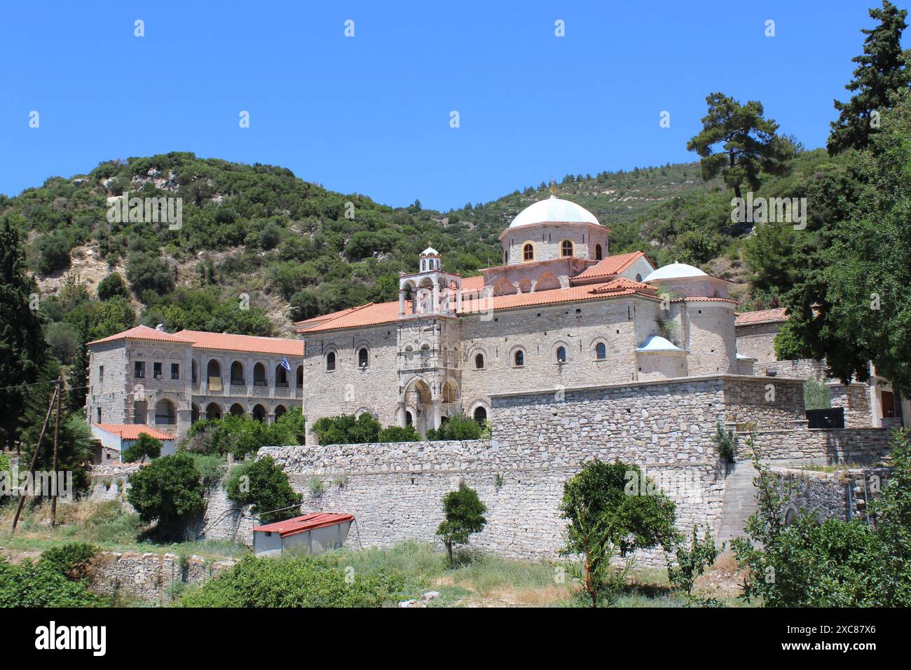 Das Kloster Timios Stavros (Heiliges Kreuz) wurde 1592 vom Mönch Nil dem Latrinos gegründet. Stockfoto