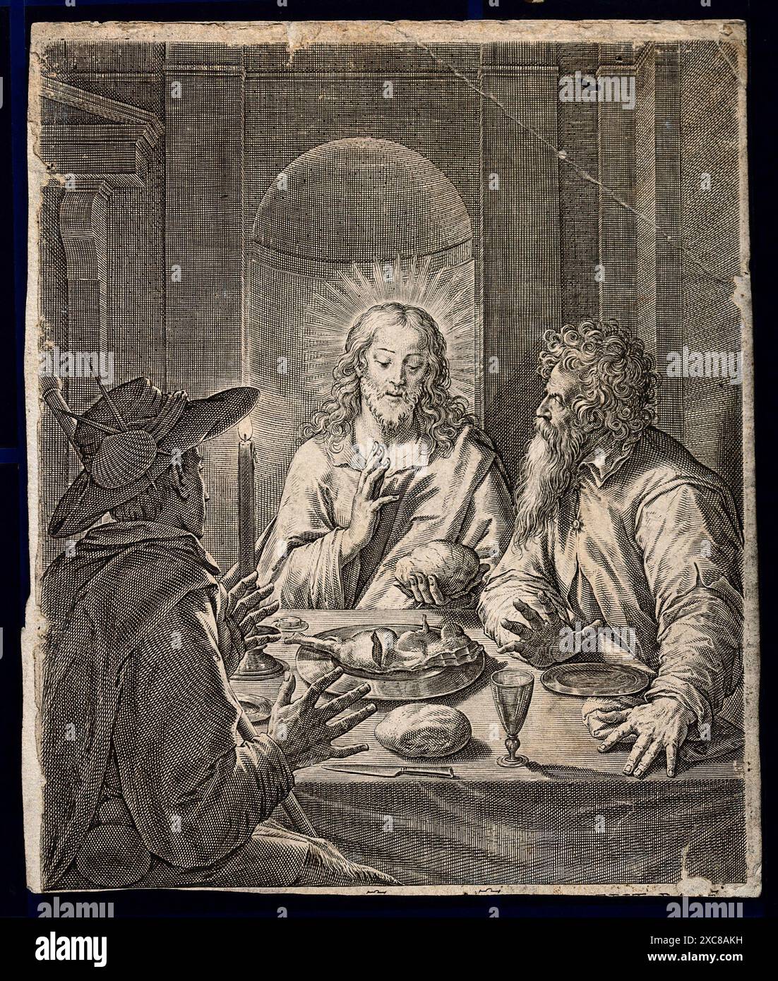 Eine Darstellung des auferstandenen Christus, der sich zwei Jüngern auf dem Weg nach Emmaus offenbart. Die Szene zeigt einen Tisch für eine Mahlzeit, bei dem die Schüler Brot und Wein teilen. Christus, der ein göttliches Licht ausstrahlt, sitzt am Tisch und hält ein Stück Brot, vielleicht segnet es. Die Schüler schauen in Ehrfurcht und Anerkennung zu. Die Gravur fängt das Wesen dieser Begegnung ein und zeigt die transformative Kraft des Glaubens und unerwartete göttliche Begegnungen. Stockfoto