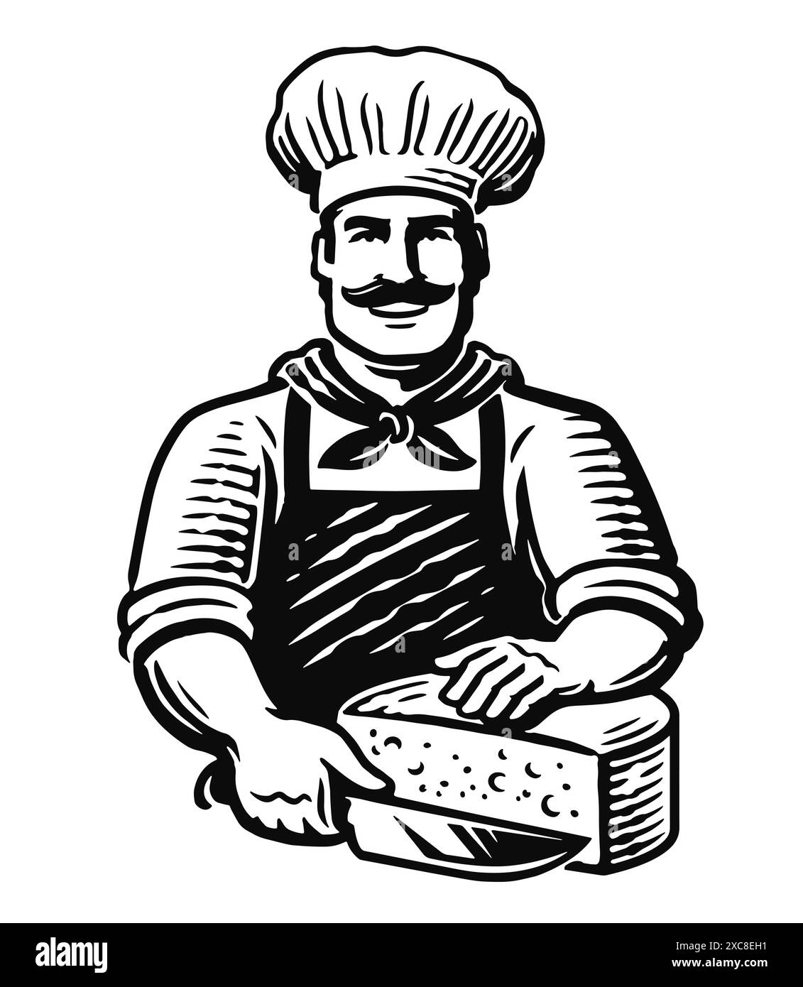 Käsemacher schneidet ein Stück Käse mit einem Messer. Emblem oder Logo von Koch- und Milchprodukten. Illustration des Farmfood-Vektors Stock Vektor