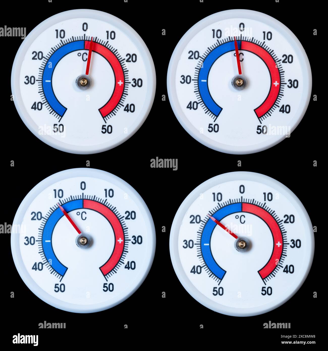 Thermometer im Winter mit Temperaturen um oder unter Null Grad Celcius Stockfoto
