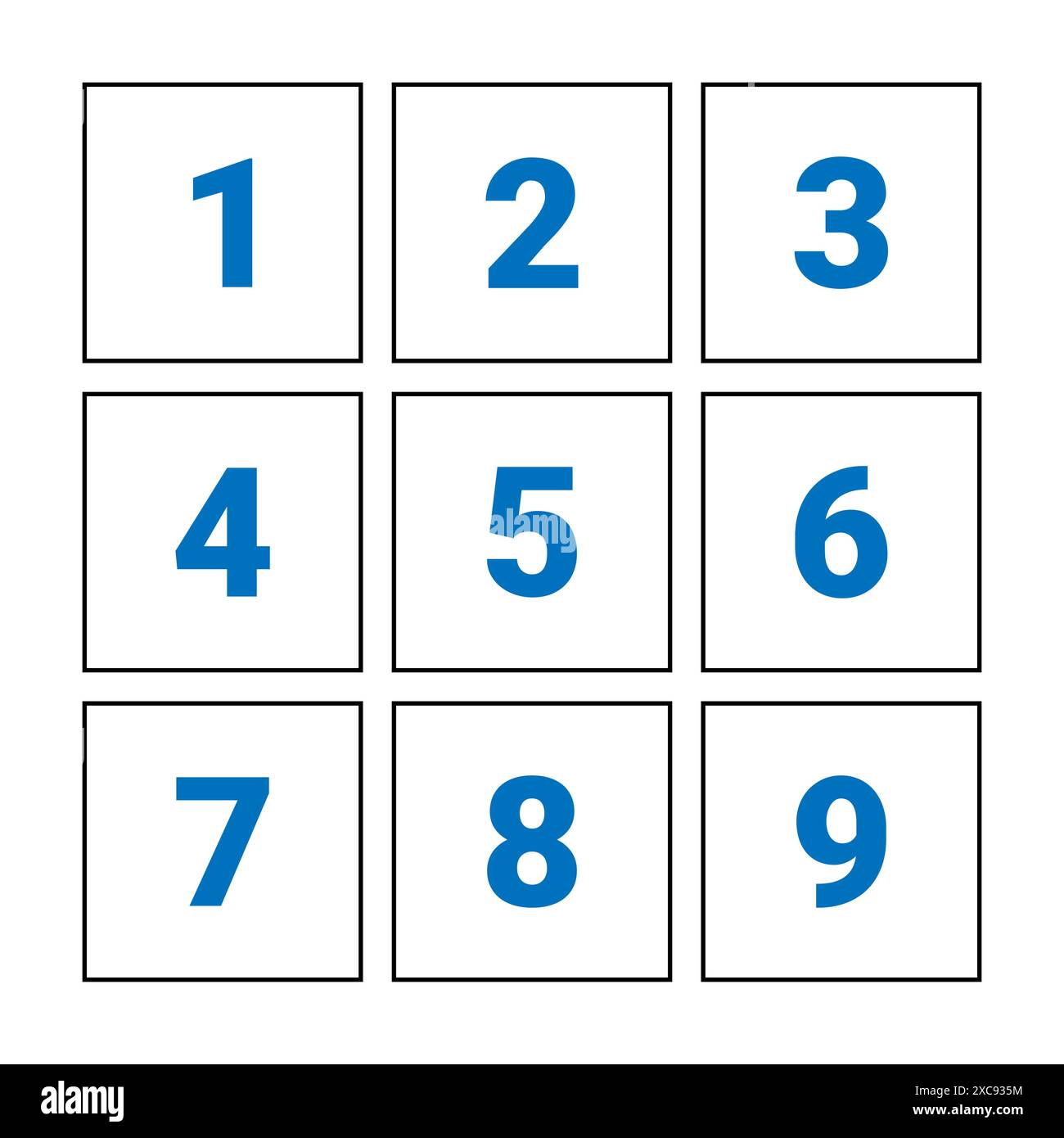 Quadrat in 9 Teile unterteilt 3x3-Gitterstriche mit numerischer Abbildung 1 bis 9. Stock Vektor