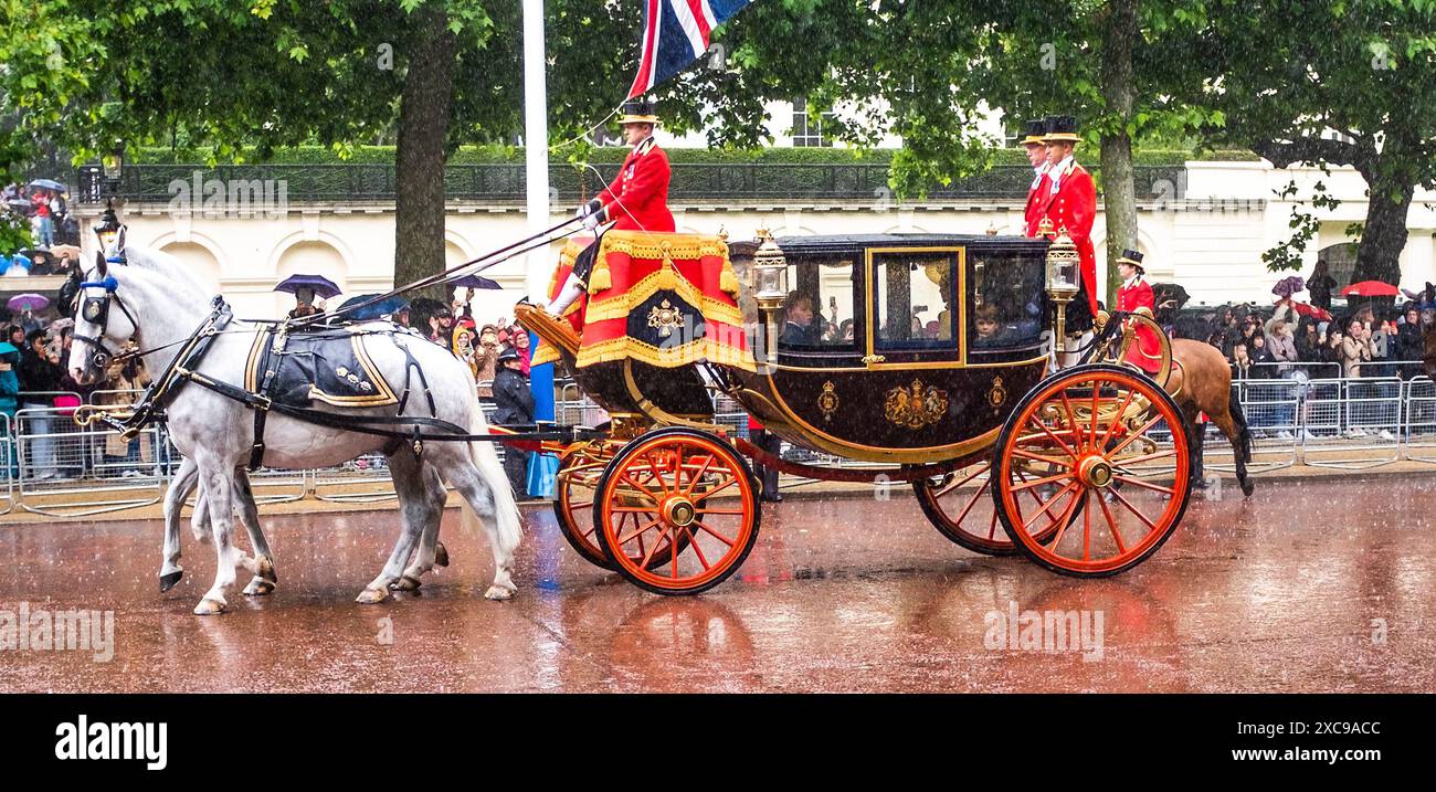 London Vereinigtes Königreich 15. Juni 2024 - Prinz George und Prinz Louis schauen aus ihrer Kutsche auf Menschenmassen, die dem sintflutartigen Regen in der Mall nach dem Trooping the Colour in London trotzen, als ihre Mutter die Prinzessin von Wales ihren ersten öffentlichen Auftritt seit ihrer Krebsdiagnose machte . : Credit Simon Dack / Alamy Live News Stockfoto