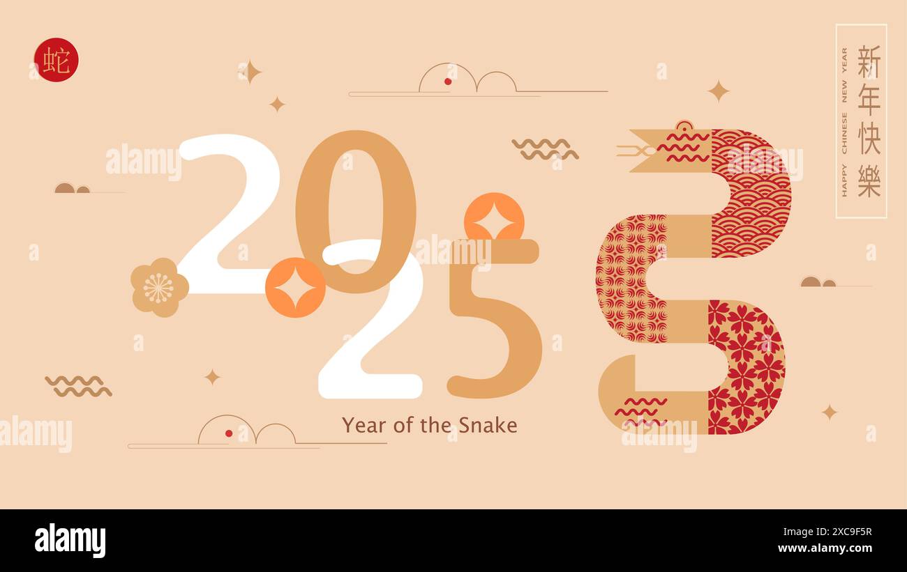 Chinesisches Neujahr 2025, Jahr der Schlange. Chinesische Neujahrsbanner-Vorlage mit Schlangen- und traditionellen Mustern. Übersetzung aus dem Chinesischen Happy New Yea Stock Vektor