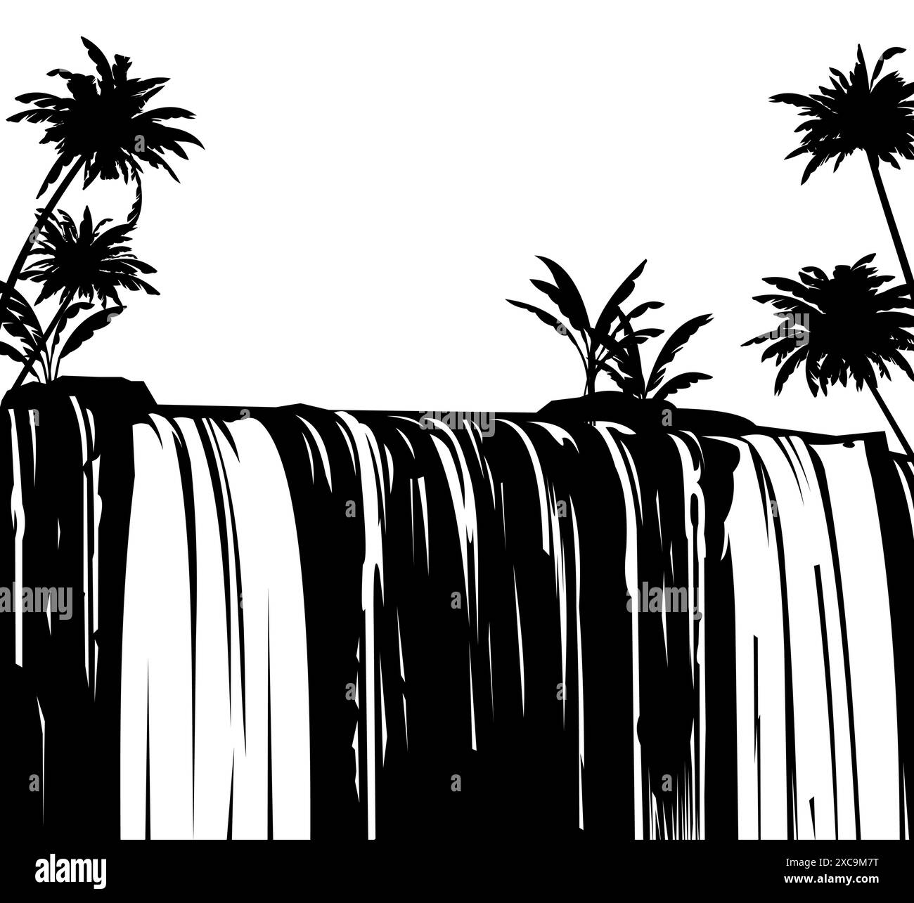 Tropischer Wasserfall. Palmendschungel. Wasser und Strom. Wunderschöne Landschaft. der fluss fällt von Felsen. Stein und Berge. Abbildung der schwarzen Silhouette Stock Vektor