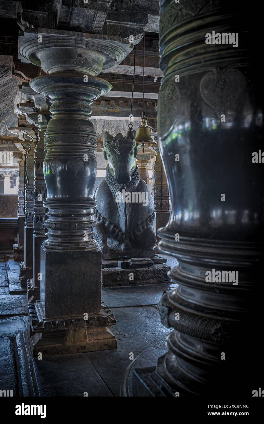 06 04 2014 Vintage Old Nandi im Nritya Mantapa Madhukeshwara Tempel, Banavasi. Ratha Beedi, Banavasi, Karnataka Indien Asien. Stockfoto