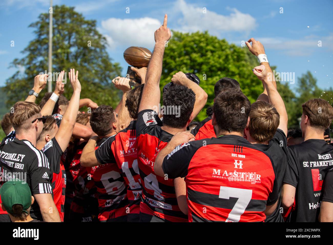 Heidelberg, 15.06.2024, Rugby 1. Bundesliga, Saison 2023/24, Finale um die deutsche Meisterschaft: SC Frankfurt 1880 gegen SC Neuenheim. Große Freude Stockfoto