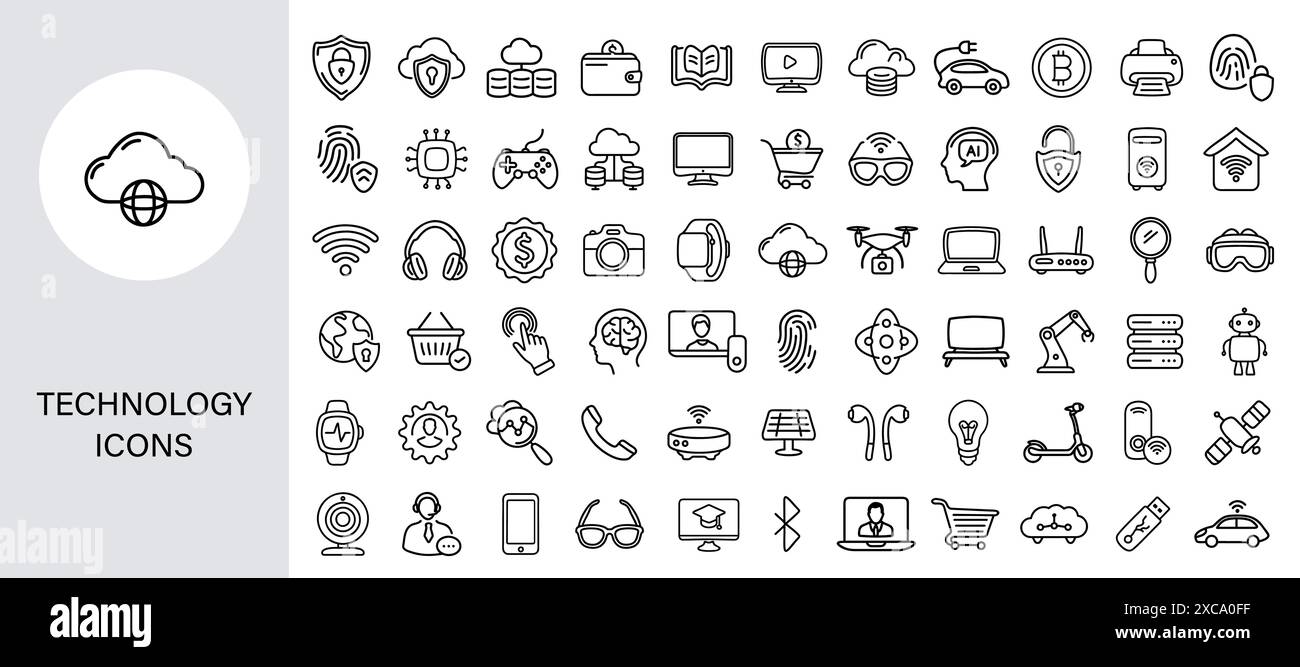 Sammlung von linearen Symbolen der Internettechnologie, isoliert auf weiß. Stock Vektor