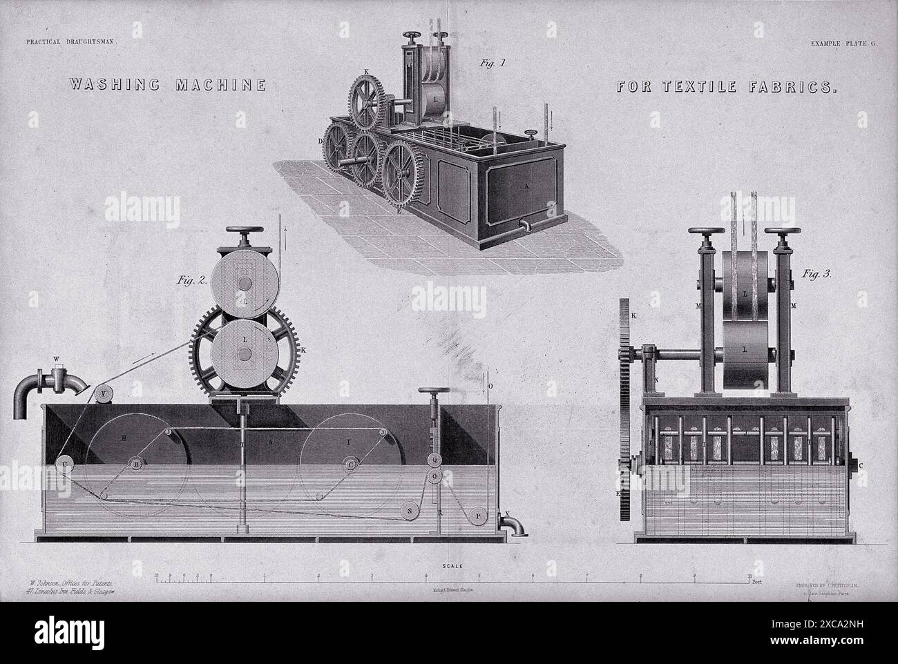 Diese detaillierte Gravur zeigt eine industrielle Waschmaschine aus dem 19. Jahrhundert, die für die Reinigung von Textilstoffen entwickelt wurde. Die Abbildung zeigt drei verschiedene Ansichten der Maschine und zeigt ihre komplexen Mechanismen und Arbeitsabläufe. Es wurde von J. E. Armengaud geschaffen und von J. Petitcolin graviert. Stockfoto