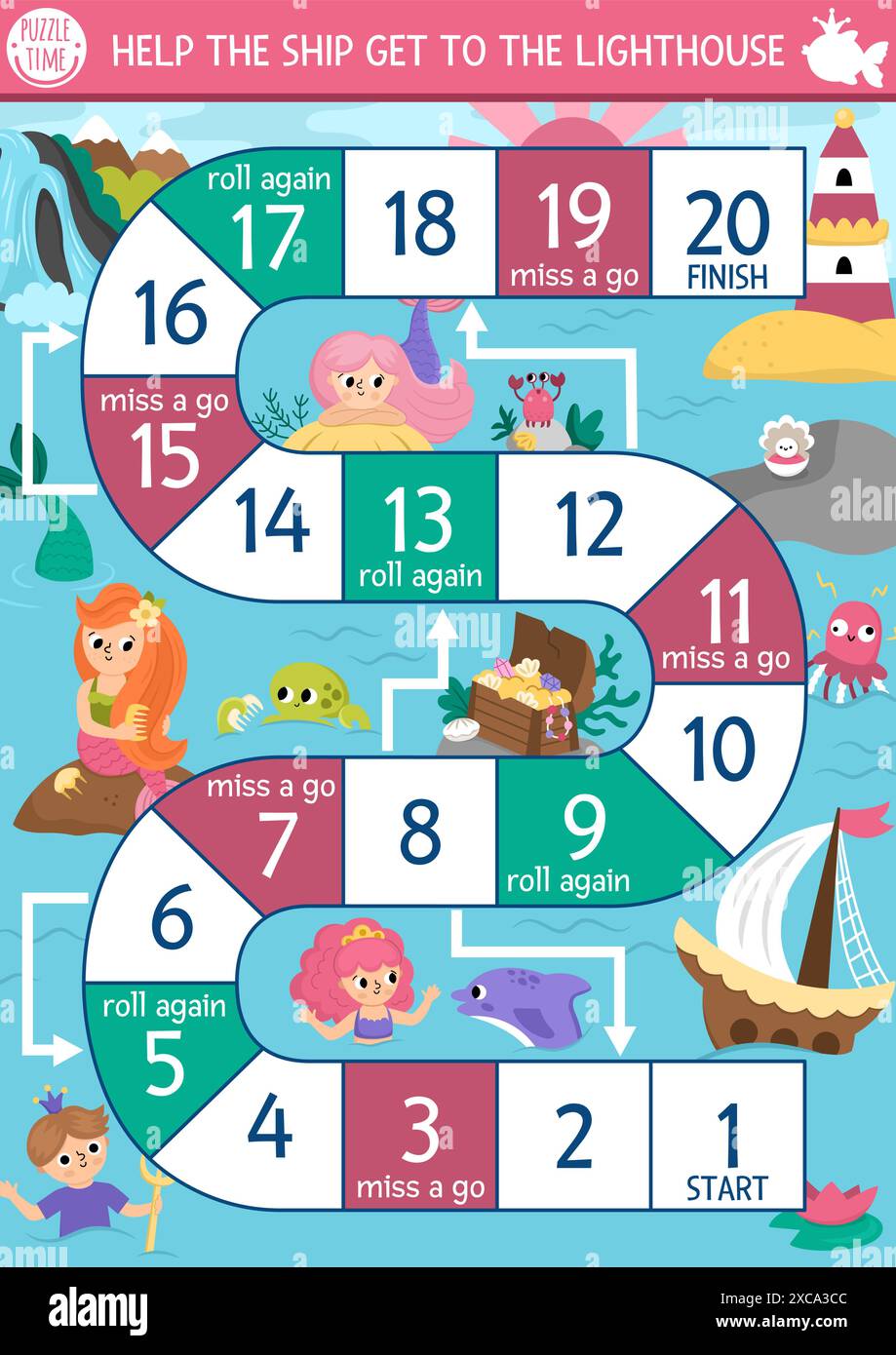 Meerjungfrauenwürfel Brettspiel für Kinder mit süßer Meeresprinzessin. Meeresboardspiel mit Lagunenlandschaft. Märchenhafte Aktivität zum Ausdrucken des Ozeans, Arbeitsblatt. H Stock Vektor