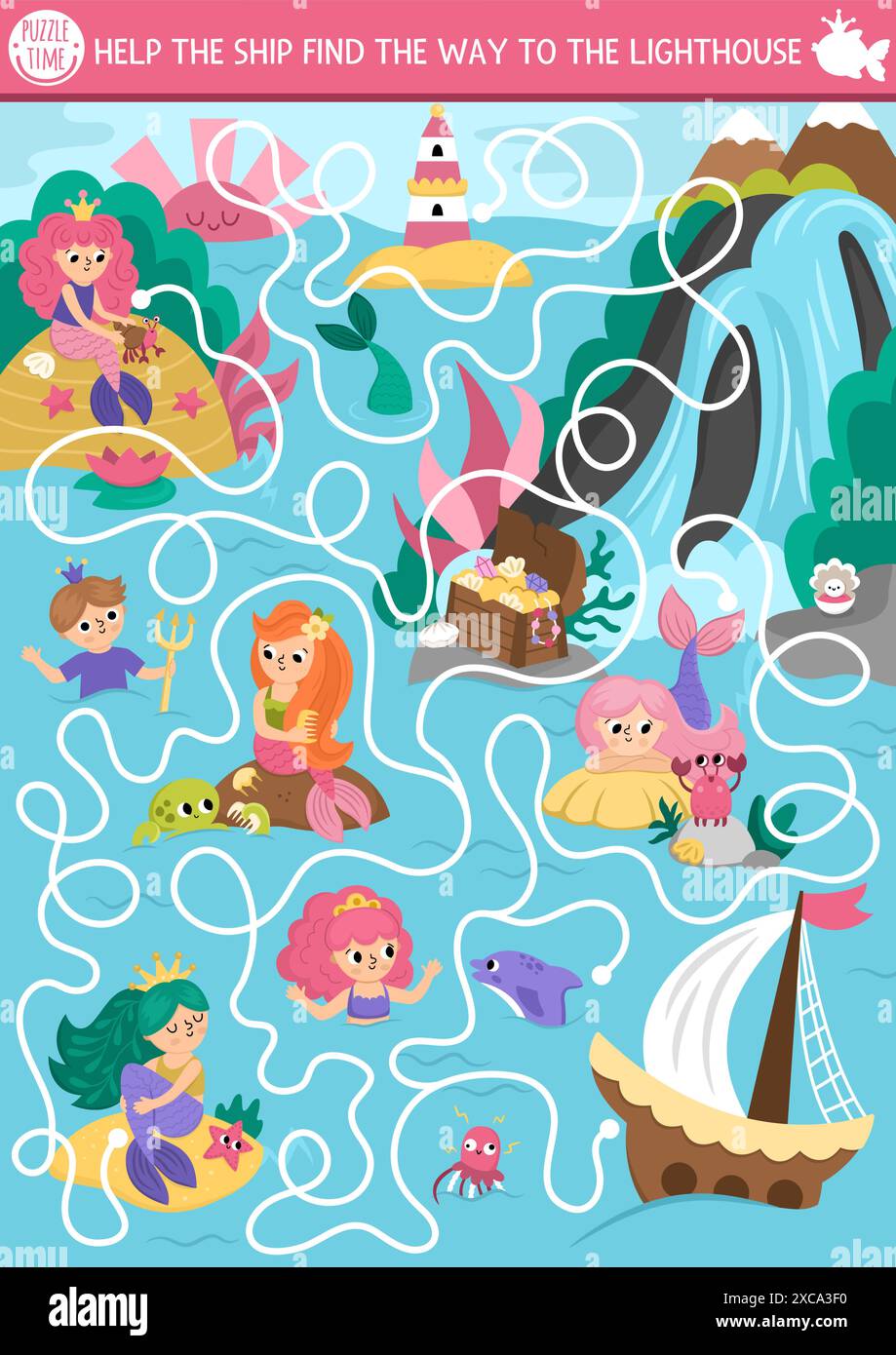 Meerjungfrauenlabyrinth für Kinder mit Lagunenlandschaft, Prinzessin. Druckbare Aktivität im Vorschulalter. Märchenhaftes Ozeanreich Labyrinth Spiel, Puzzle. Arbeitsblatt Stock Vektor