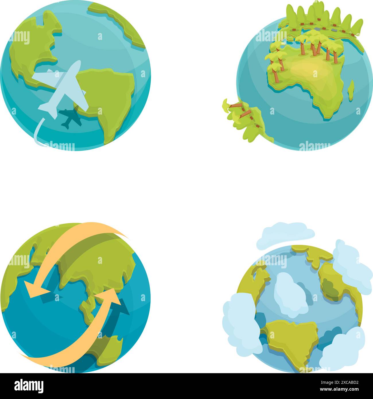 Globus Erde Icons setzen Cartoon Vektor. Passagierflugzeug fliegt um die Erde. Reisen Sie um die Welt Stock Vektor