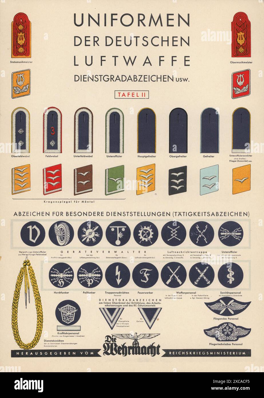 Ein Vintage-Plakat aus dem 2. Weltkrieg mit den Uniformen der Luftwaffe. Es enthält Details zu den Insignien und Abzeichen der verschiedenen Ränge, einschließlich der Schulterklappen, Revers und anderen Details. Stockfoto